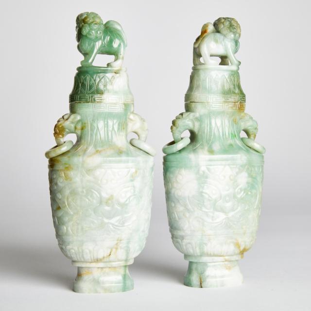 A Pair of Jadeite Vases and Covers, 19th Century