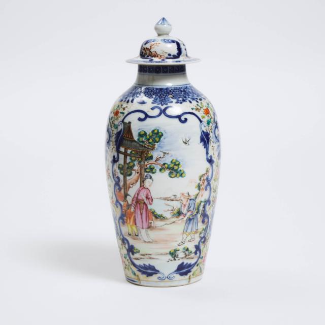A Chinese Export Famille Rose Blue and White 'Figural' Vase and Cover, Qianlong Period, Circa 1870