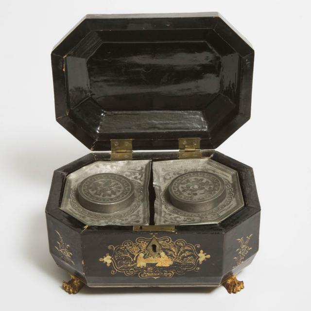 A Chinese Export Black Lacquer Tea Caddy, Late Qing Dynasty