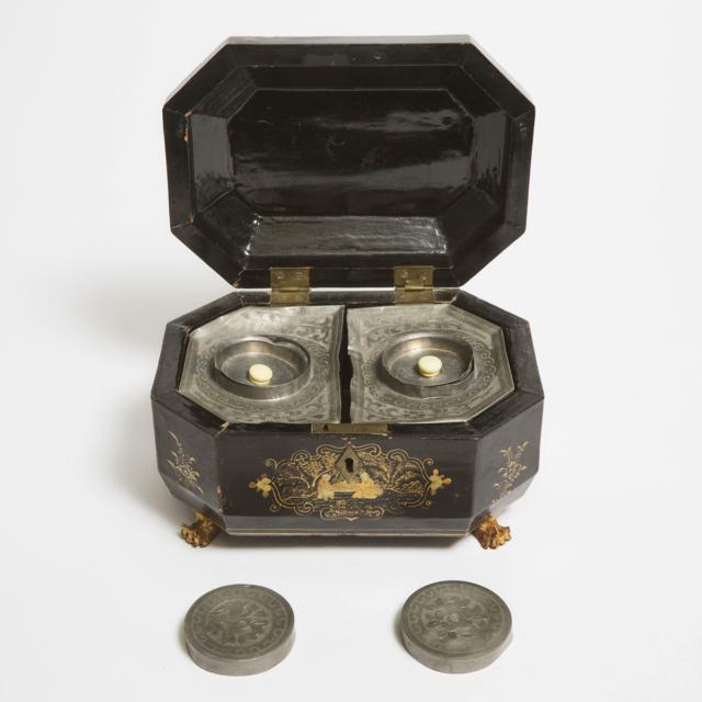 A Chinese Export Black Lacquer Tea Caddy, Late Qing Dynasty