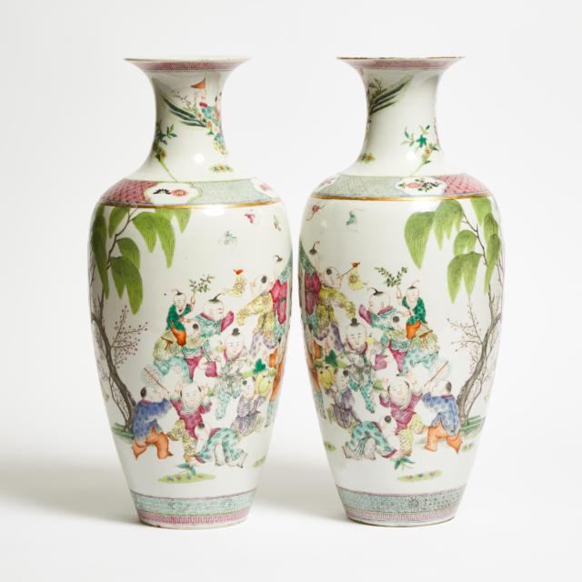A Pair of Famille Rose 'Boys' Vases, Mid 20th Century