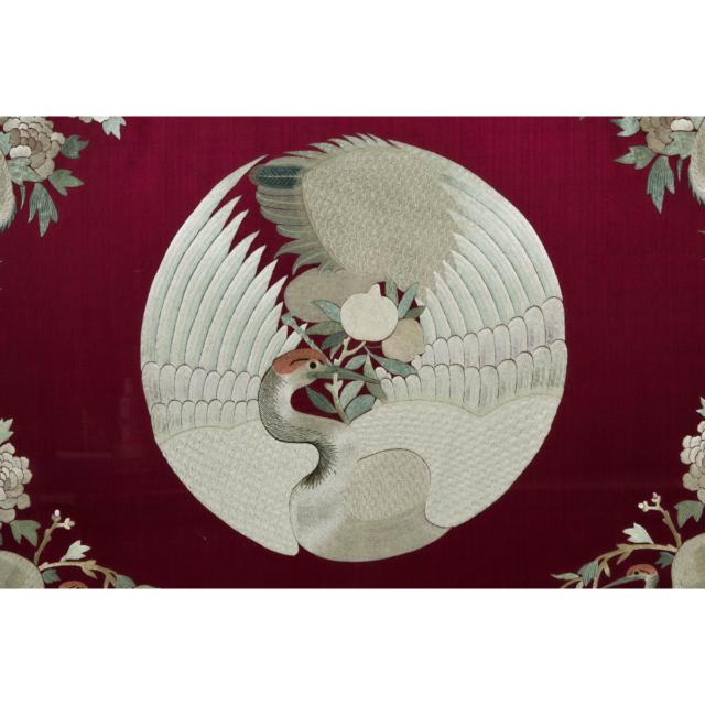 A Chinese Embroidered Silk 'Crane Roundel' Panel, 19th Century