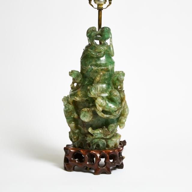 A Chinese Carved Fluorite 'Buddhist Lion' Vase and Cover, 19th Century, Later Mounted as a Lamp