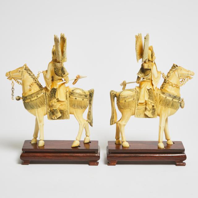 A Pair of Ivory Figures of King and Queen on Horseback, Mid 20th Century