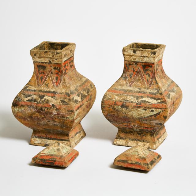 A Pair of Painted Pottery Square Vases and Covers, Fanghu, Han Dynasty (206 BC-AD 220)