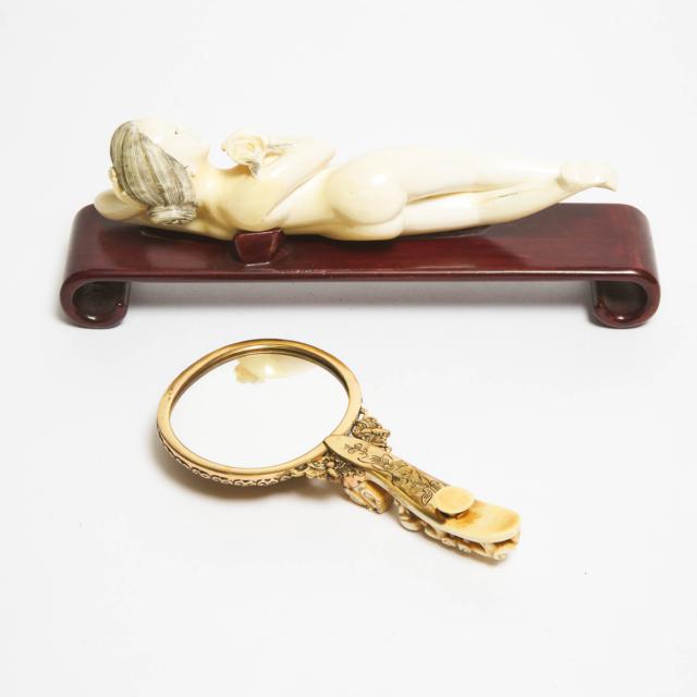 An Ivory Belt Hook Mounted Mirror, Together With a 'Doctor's Doll', Qing Dynasty