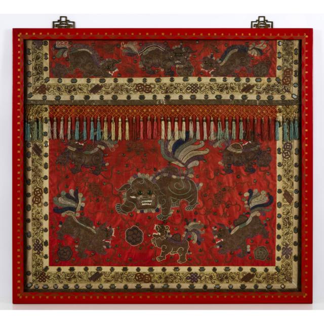A Peranakan Chinese Gold-Thread Embroidered 'Buddhist Lion' Altar Cloth With Glass Inlays, 19th Century