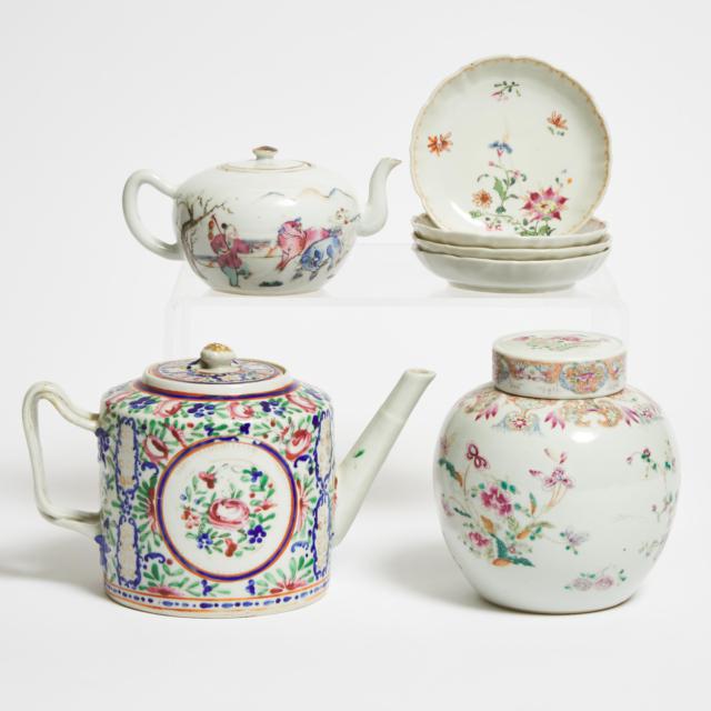 A Group of Seven Famille Rose Teapots, Jar, and Dishes, 18th/19th Century