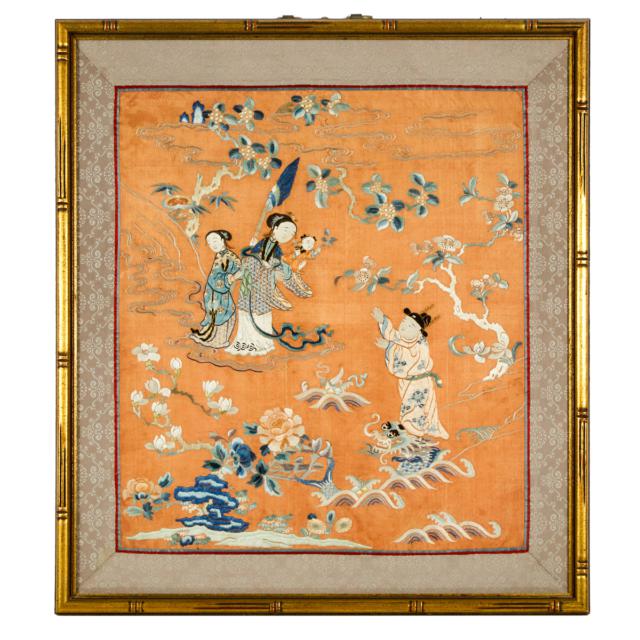 A Group of Five Framed Chinese Embroideries, Late Qing Dynasty