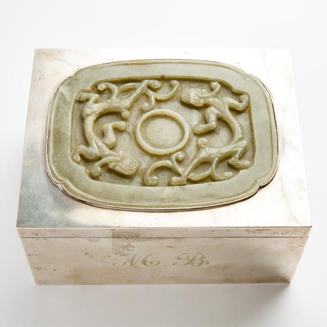 A Celadon Jade 'Chilong' Cup Holder, Ming Dynasty, Later Mounted on a Silver Box