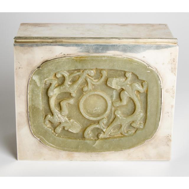 A Celadon Jade 'Chilong' Cup Holder, Ming Dynasty, Later Mounted on a Silver Box