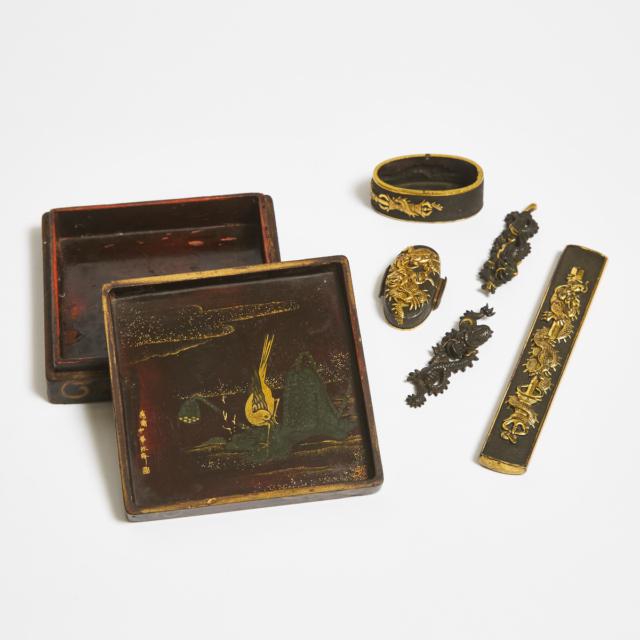 A Set of Five Parcel Gilt 'Dragon' Sword Fittings, Together With a Lacquer Box, 19th Century