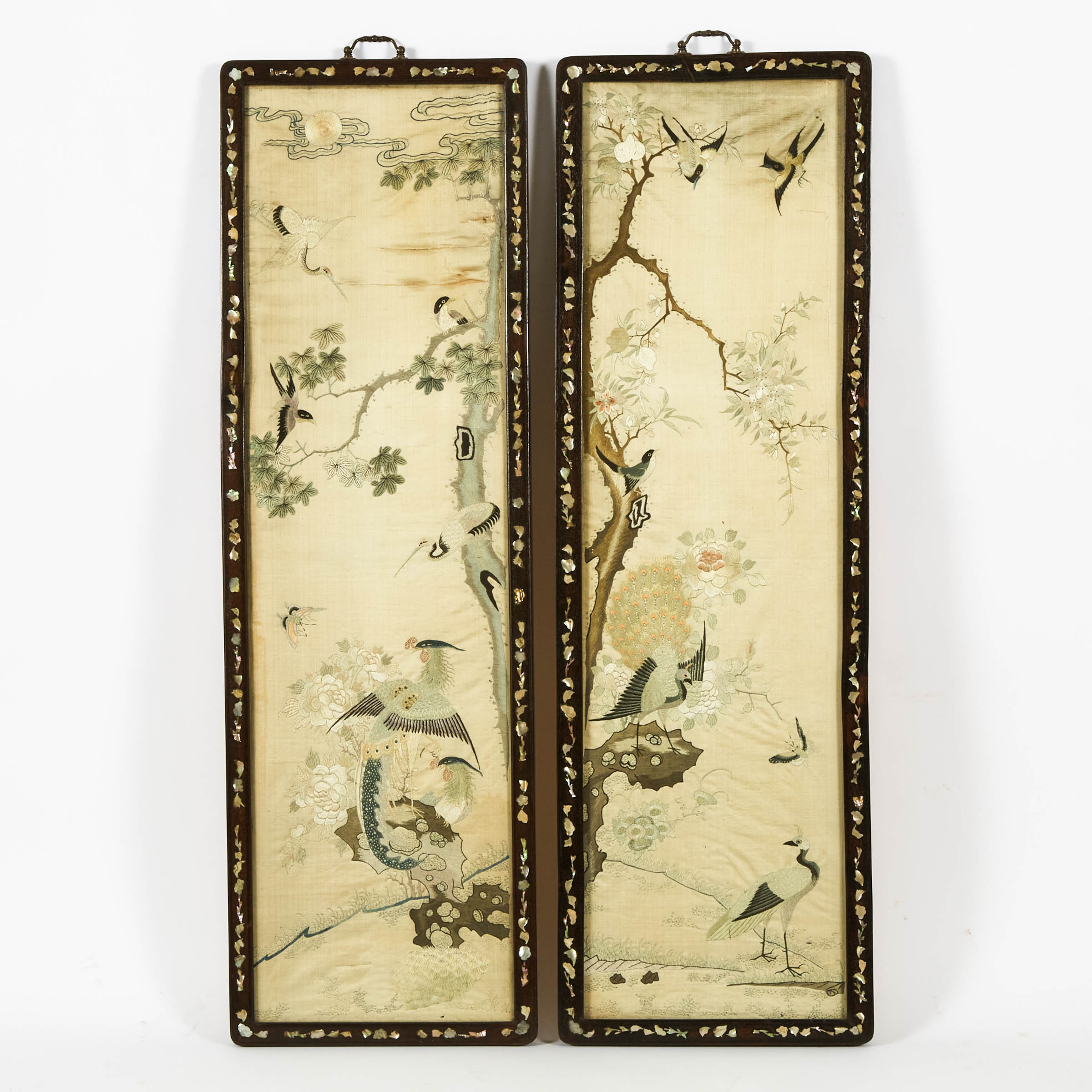 A Pair of Silk Embroidered 'Birds of Paradise' Panels With Mother-of-Pearl Inlaid Frames, Late Qing Dynasty