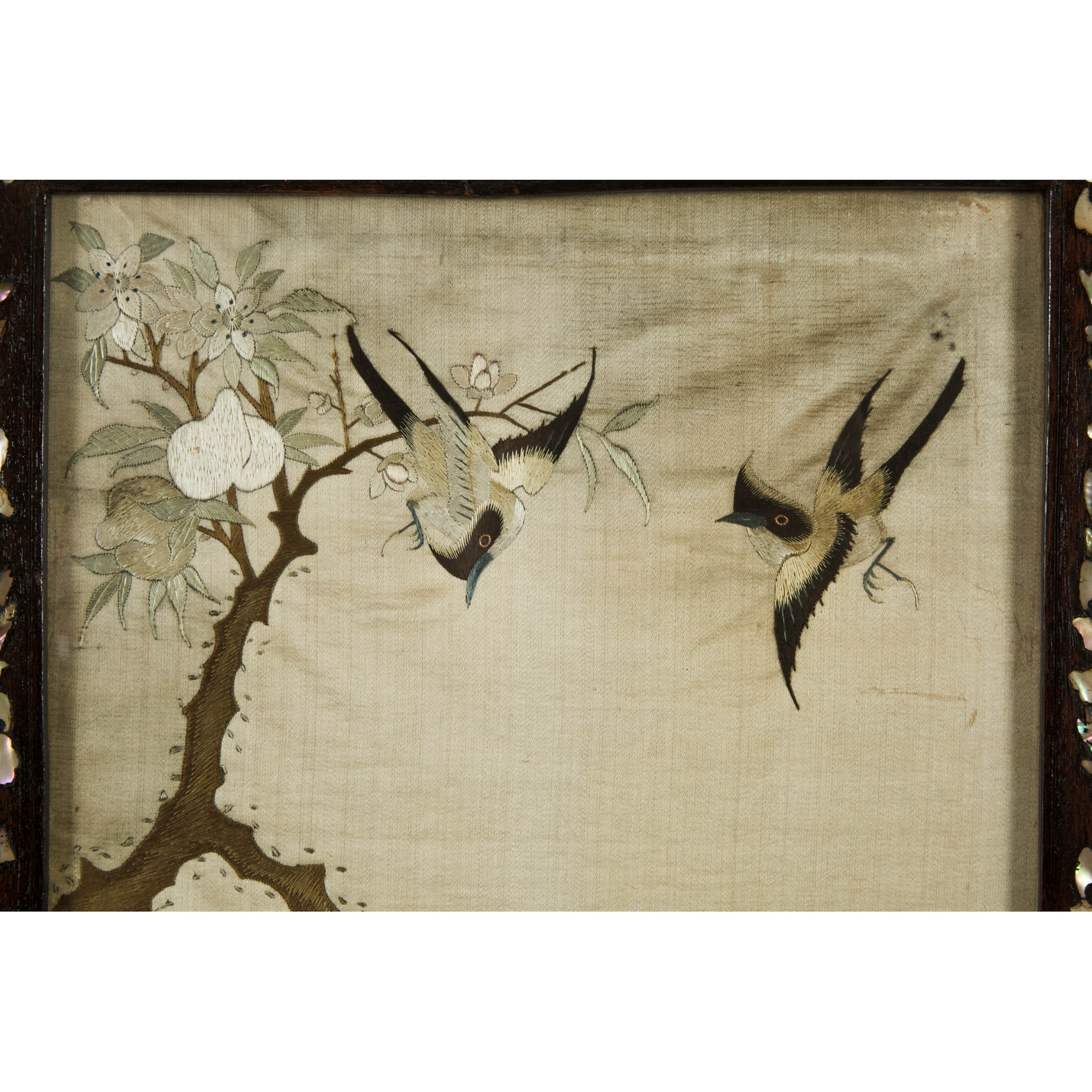 A Pair of Silk Embroidered 'Birds of Paradise' Panels With Mother-of-Pearl Inlaid Frames, Late Qing Dynasty