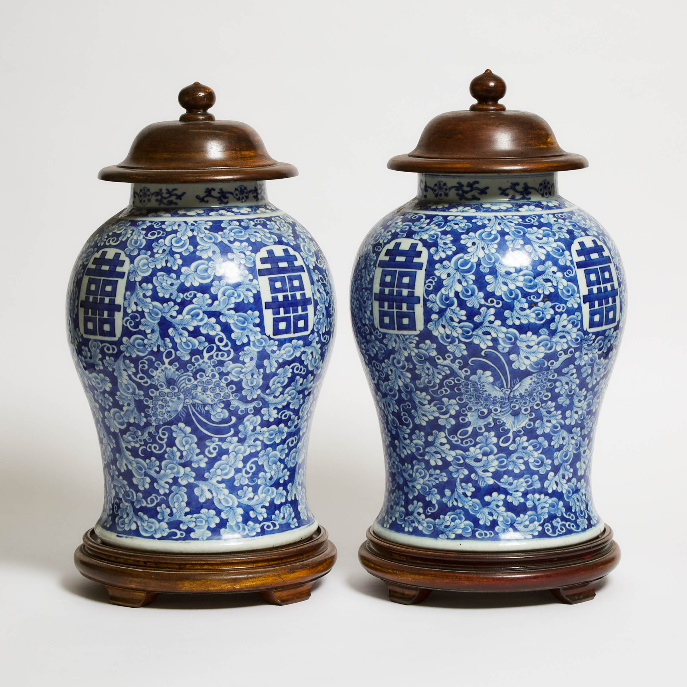 A Pair of Blue and White 'Double Happiness' Baluster Jars, 19th Century
