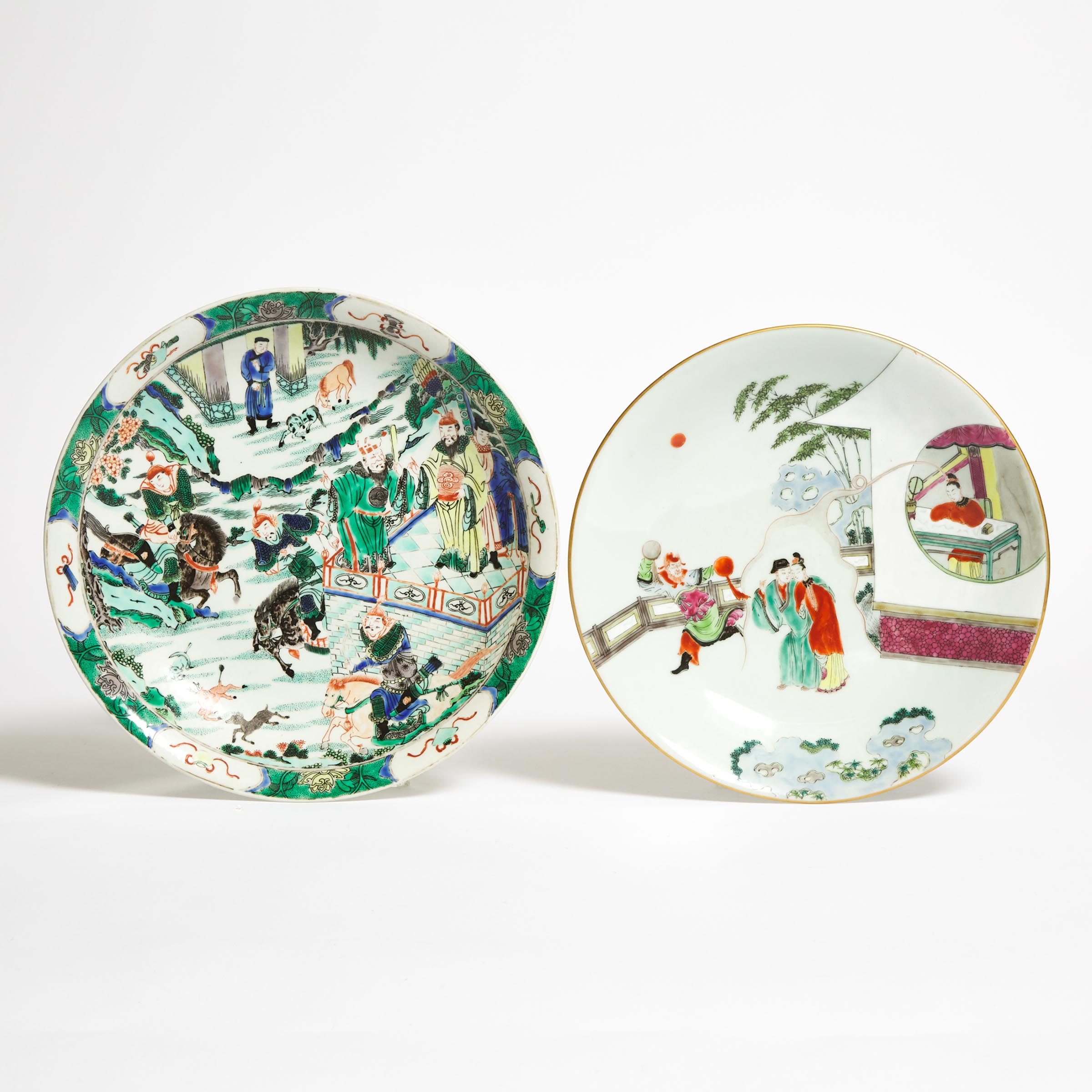 A Kangxi-Style Famille Verte Dish, Together With an Enameled 'Romance of the Western Chamber' Dish, 20th Century