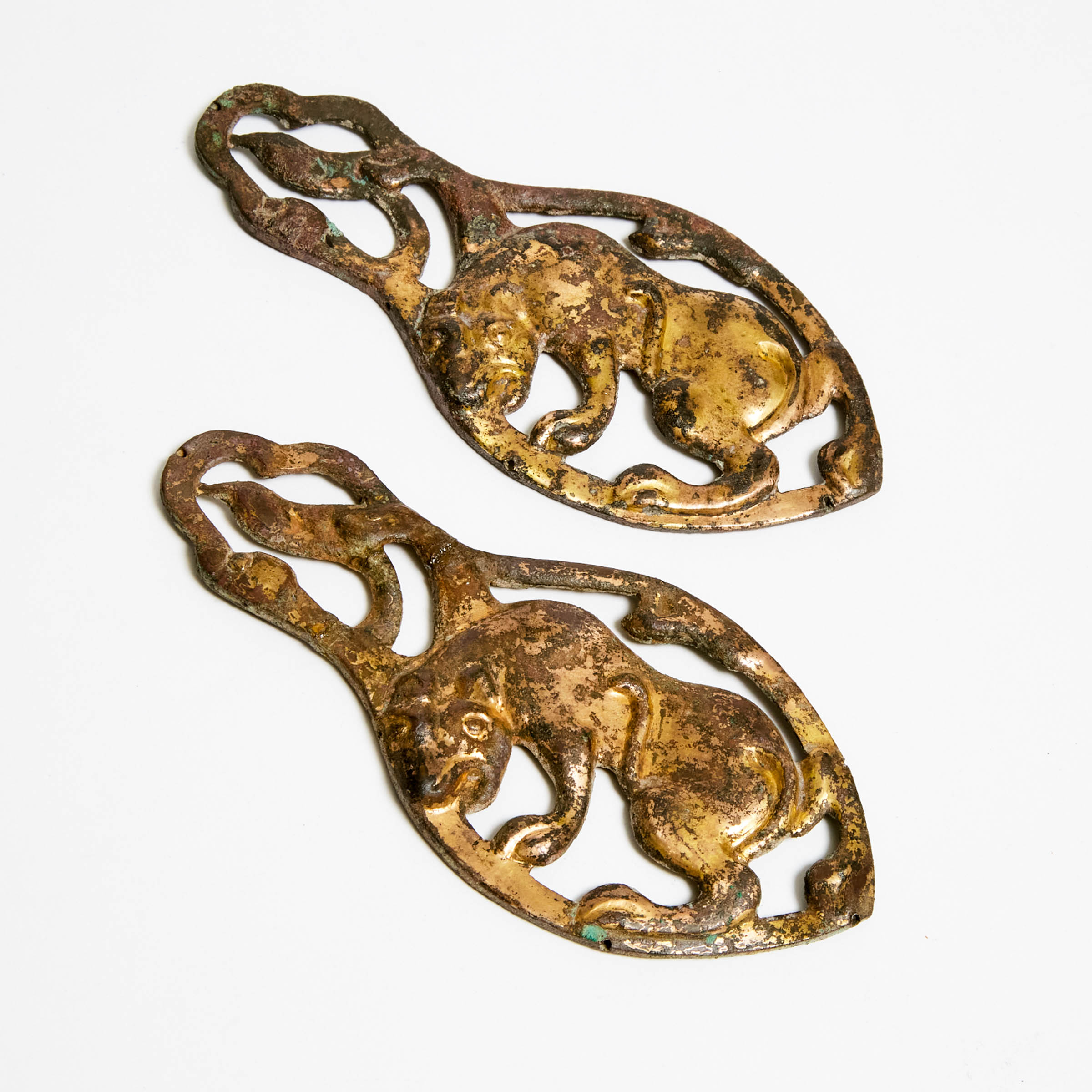 Two Han/Ordos Style Gilt Bronze 'Tiger' Plaques