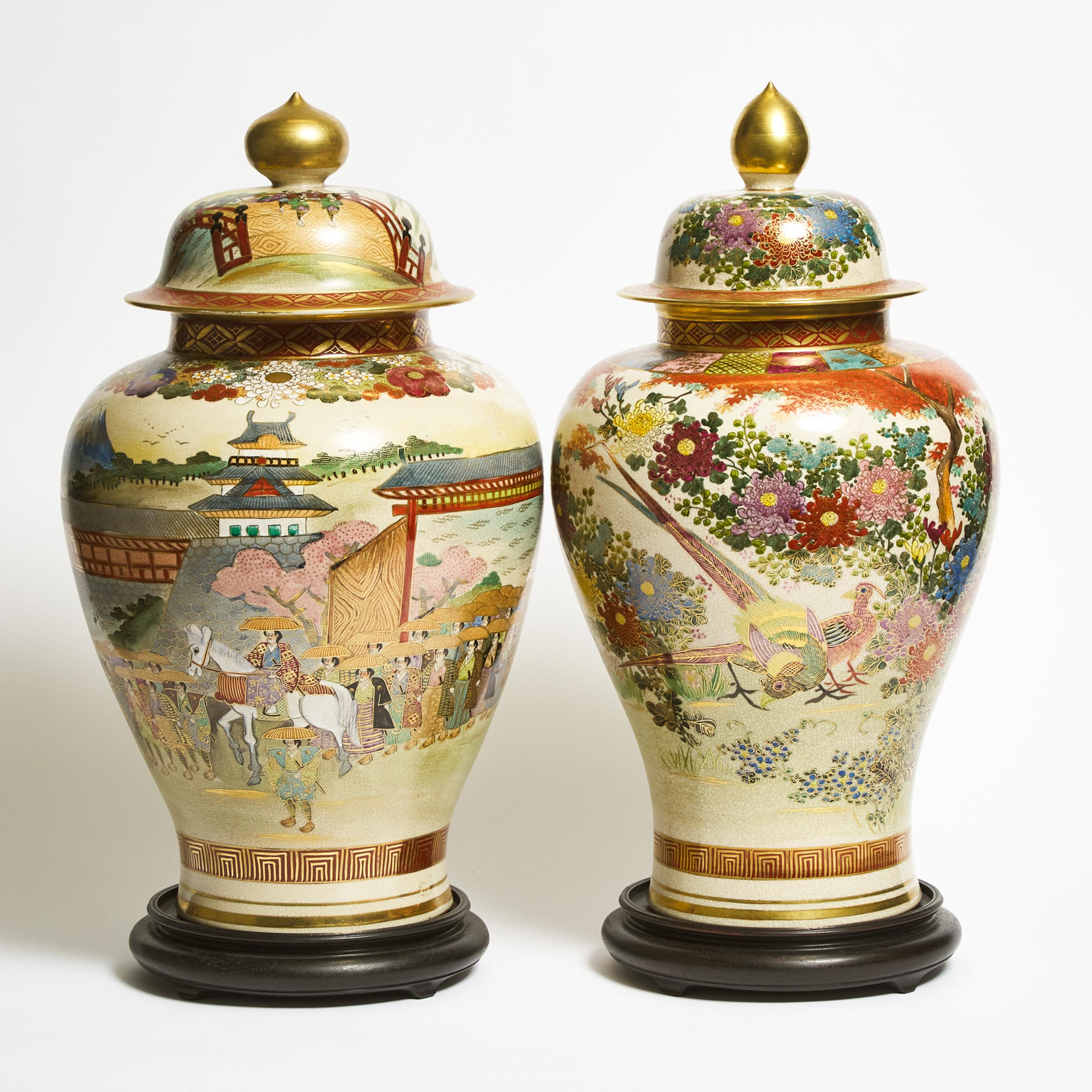 Two Large Satsuma 'Figural Procession' Vases and Covers, Early to Mid 20th Century