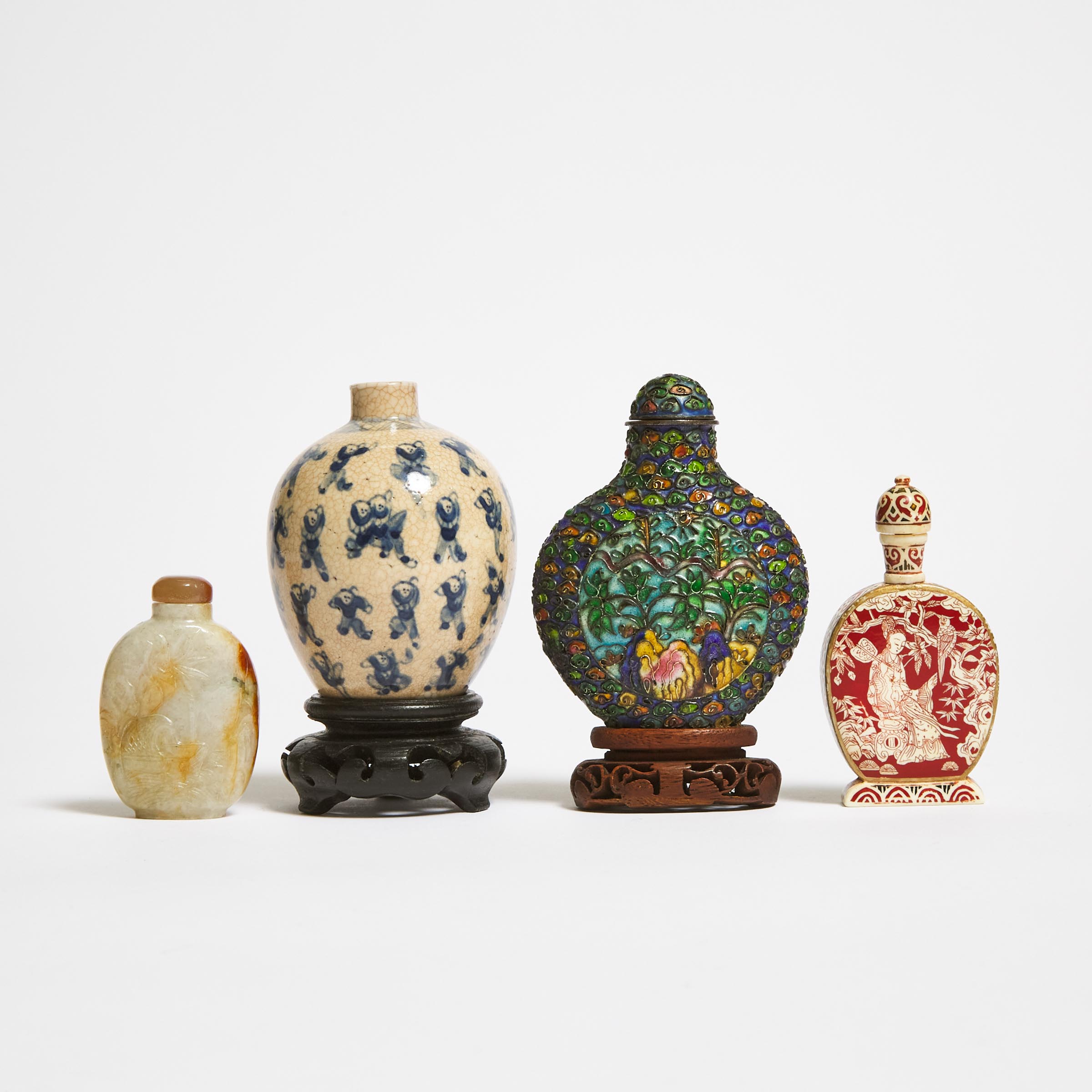 A Group of Three Snuff Bottles, Together With a Miniature Jar, 18th-20th Century