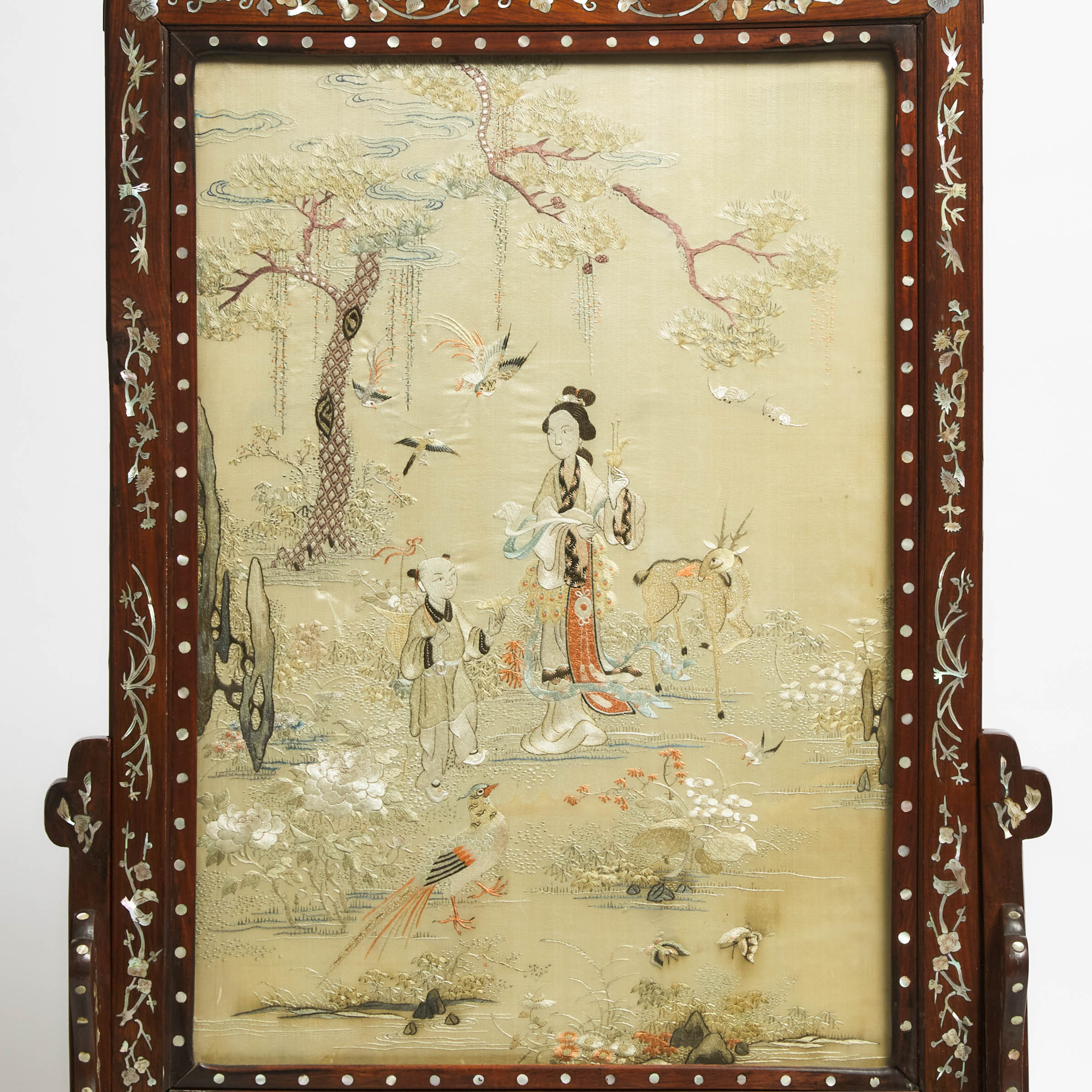 A Silk Embroidered 'Magu and Deer' Table Screen With Mother-of-Pearl Inlays, Circa 1900