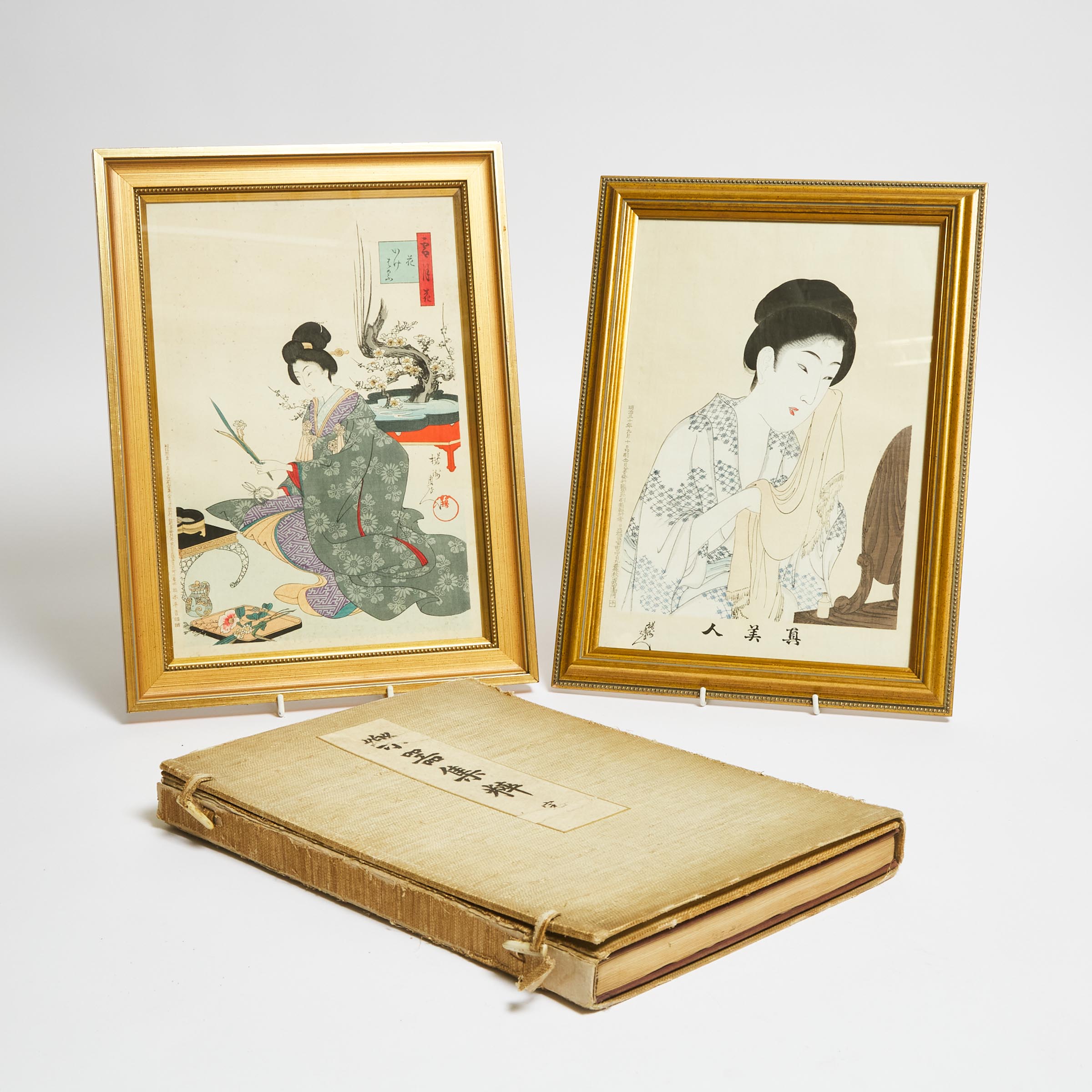 Toyohara Chikanobu (1838-1912), Two Woodblock Prints of Ladies, Together With an Album of Japanese Musical Instruments, Published in 1929