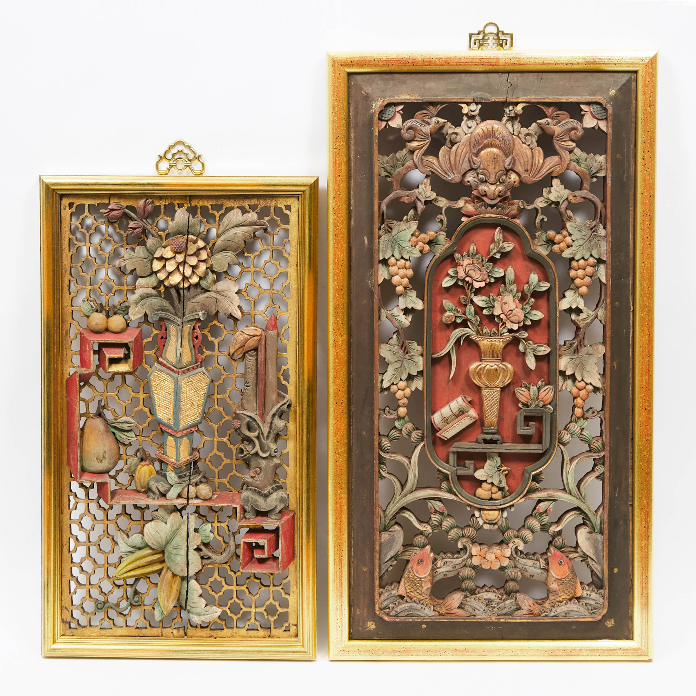 Two Gilt Polychrome Openwork 'Floral' Wood Panels, Qing Dynasty, 19th Century