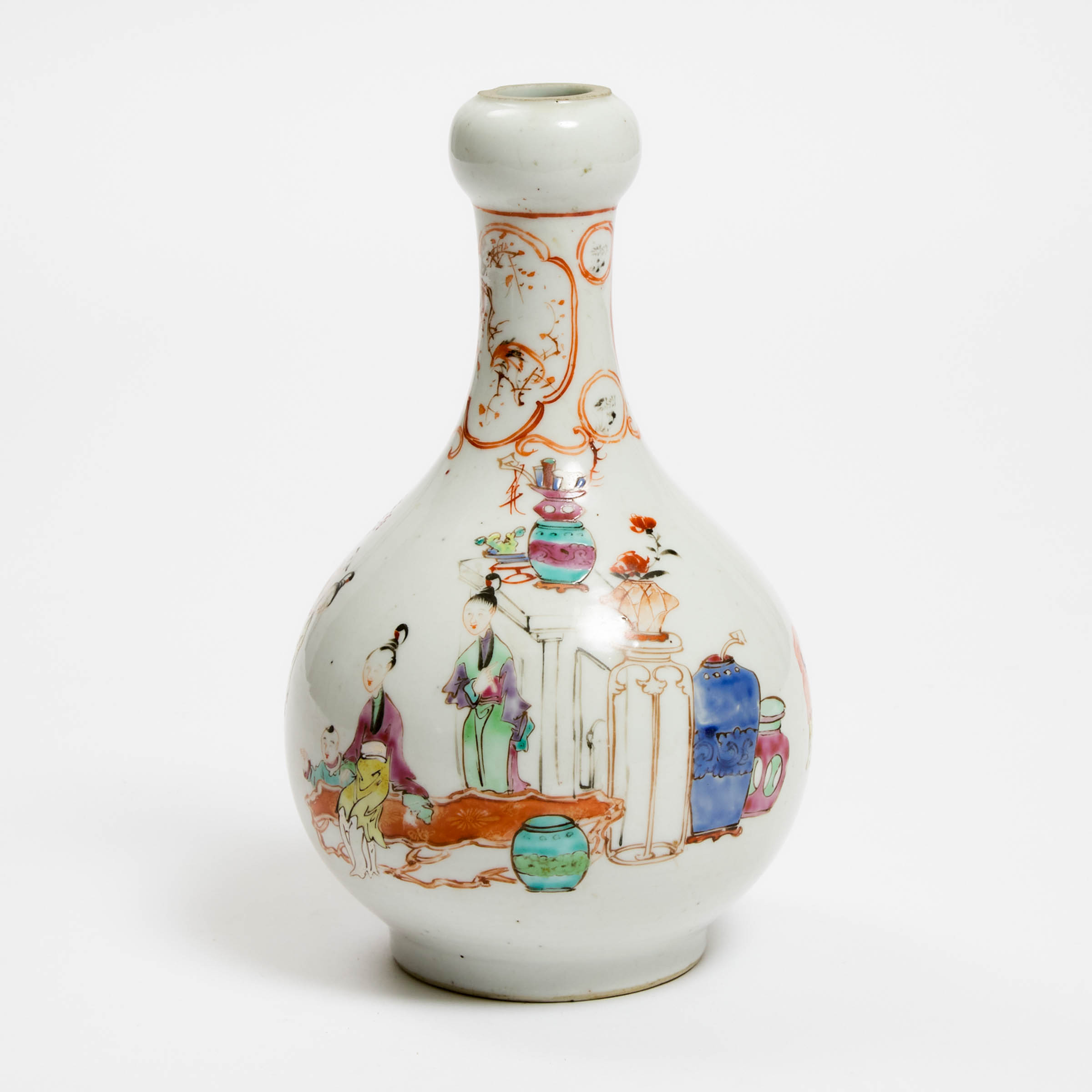 A Chinese Export Famille Rose 'Figural' Garlic-Mouth Vase, Qianlong Period (1736-1795)