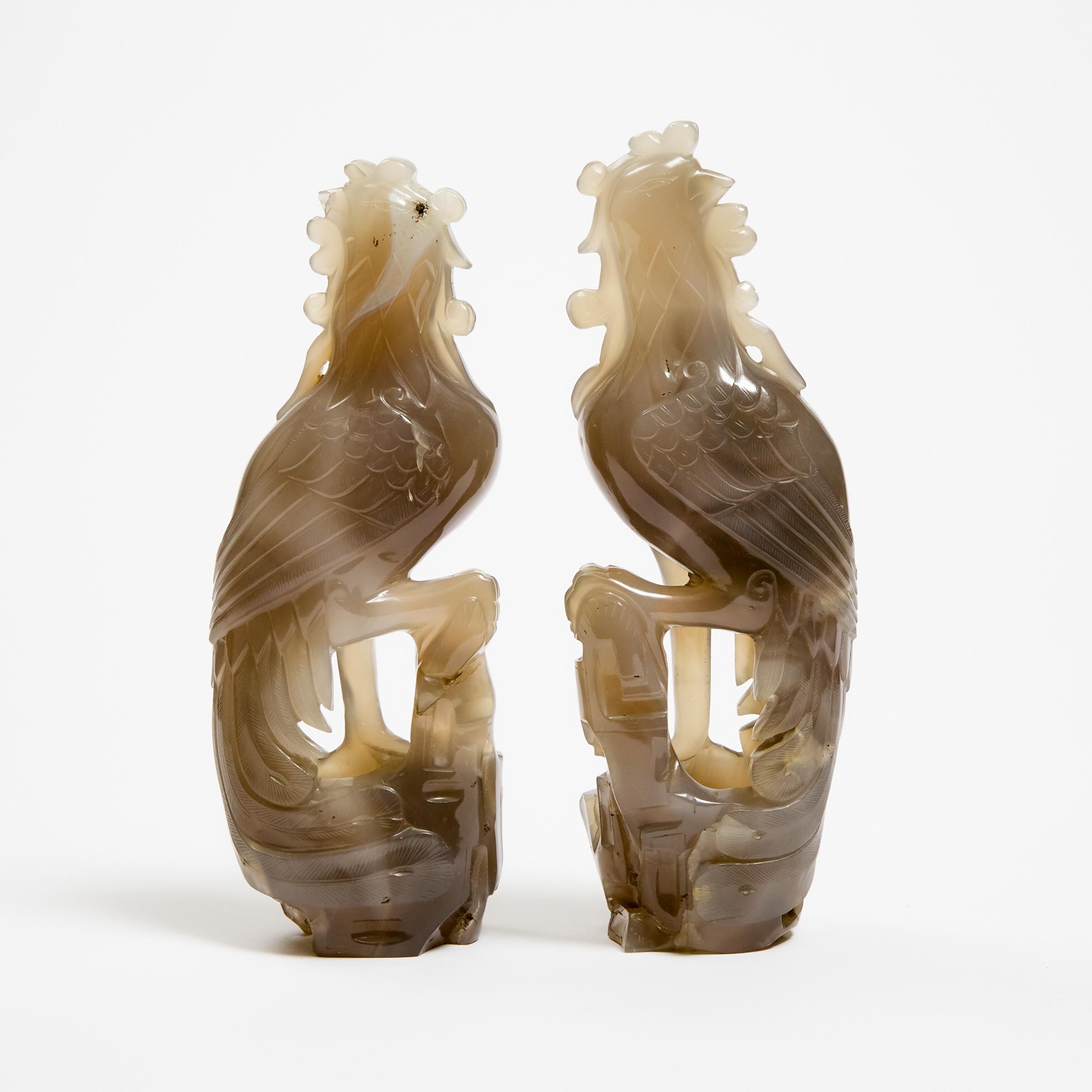 A Pair of Agate Phoenixes, Mid 20th Century