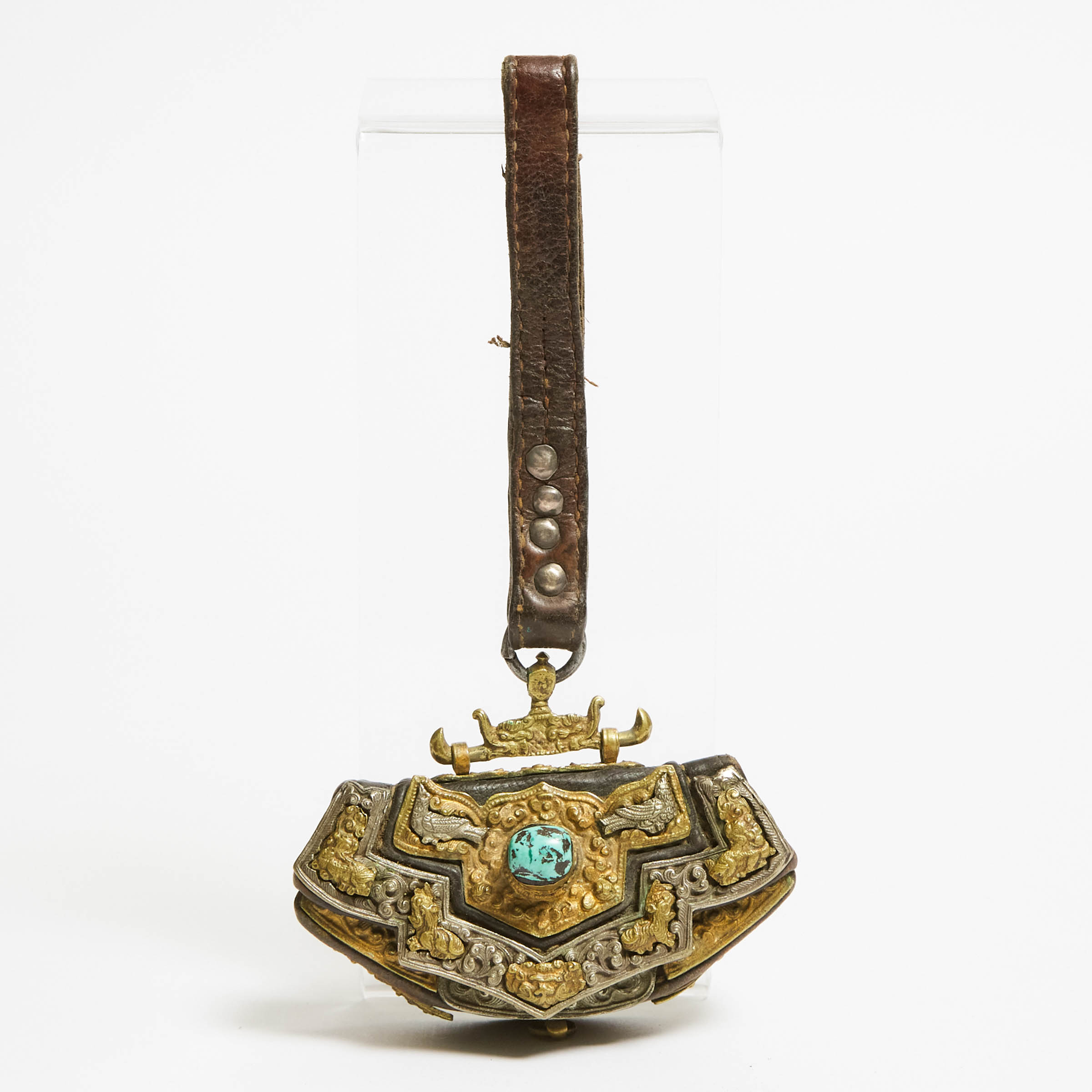 A Tibetan Silver and Gilt Bronze-Fitted Leather Flint Pouch, 18th/19th Century