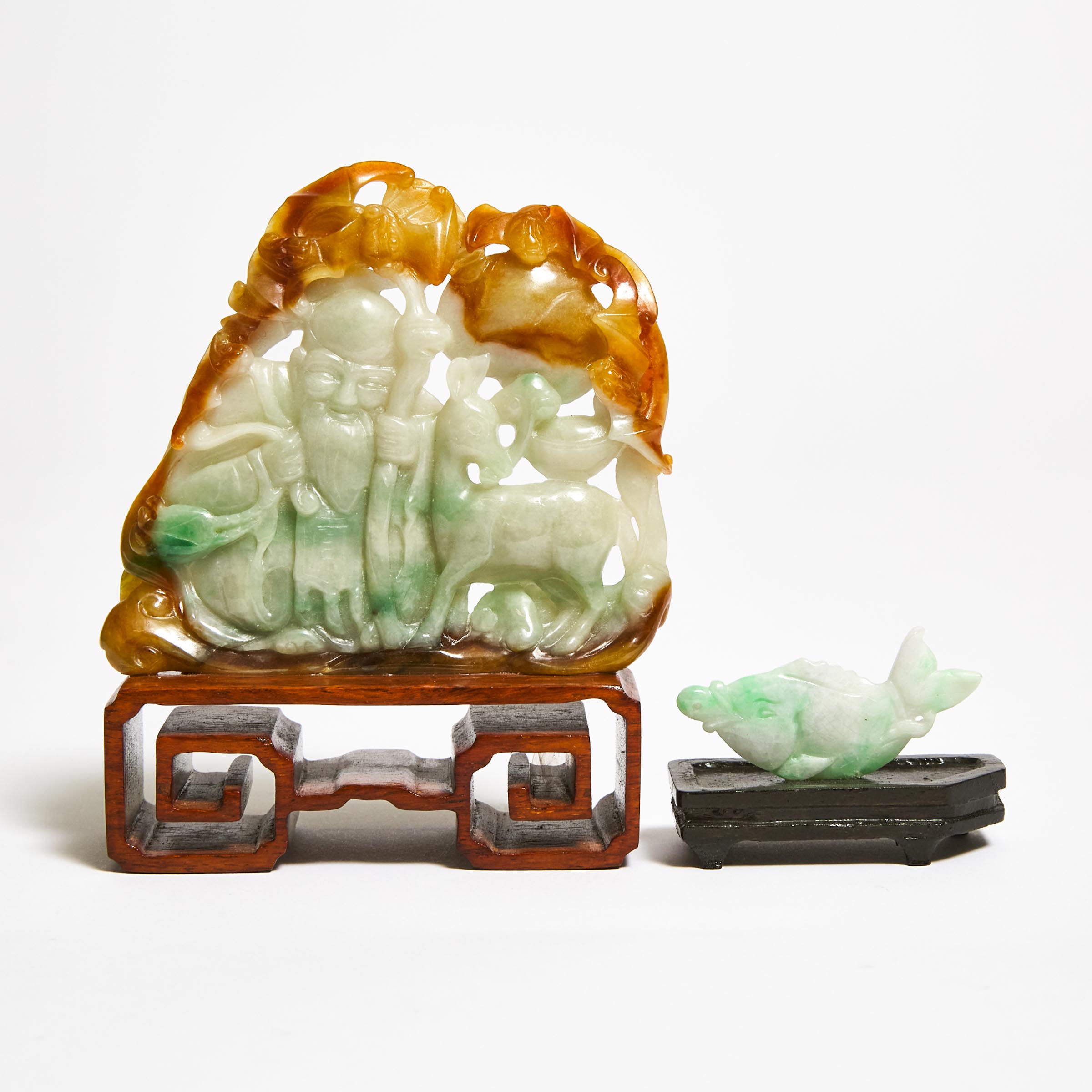 A Jadeite Carving of Shoulao, Together With a Jadeite Fish and Bowenite Box and Cover, 19th/20th Century