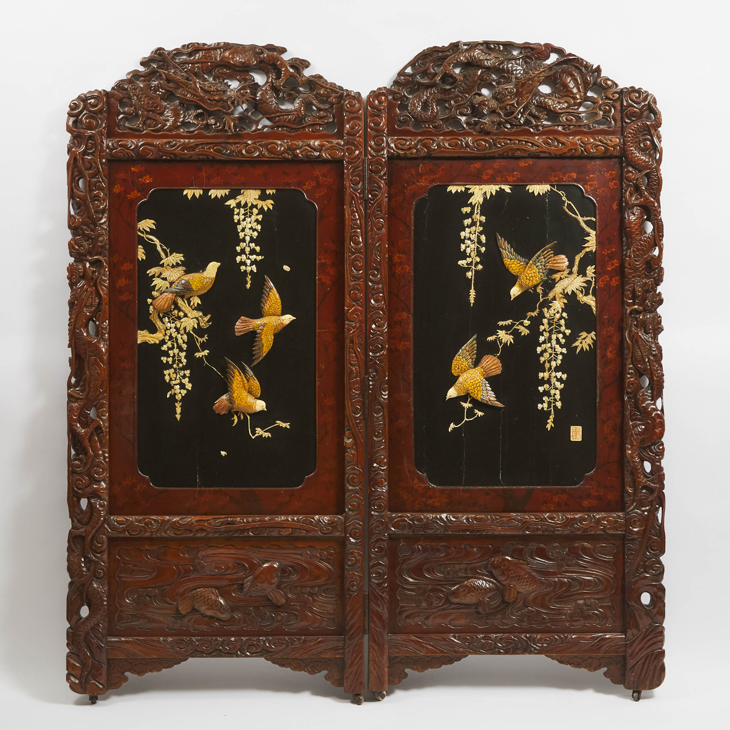 A Japanese Two-Panel 'Birds and Wisteria' Floor Screen, Early 20th Century