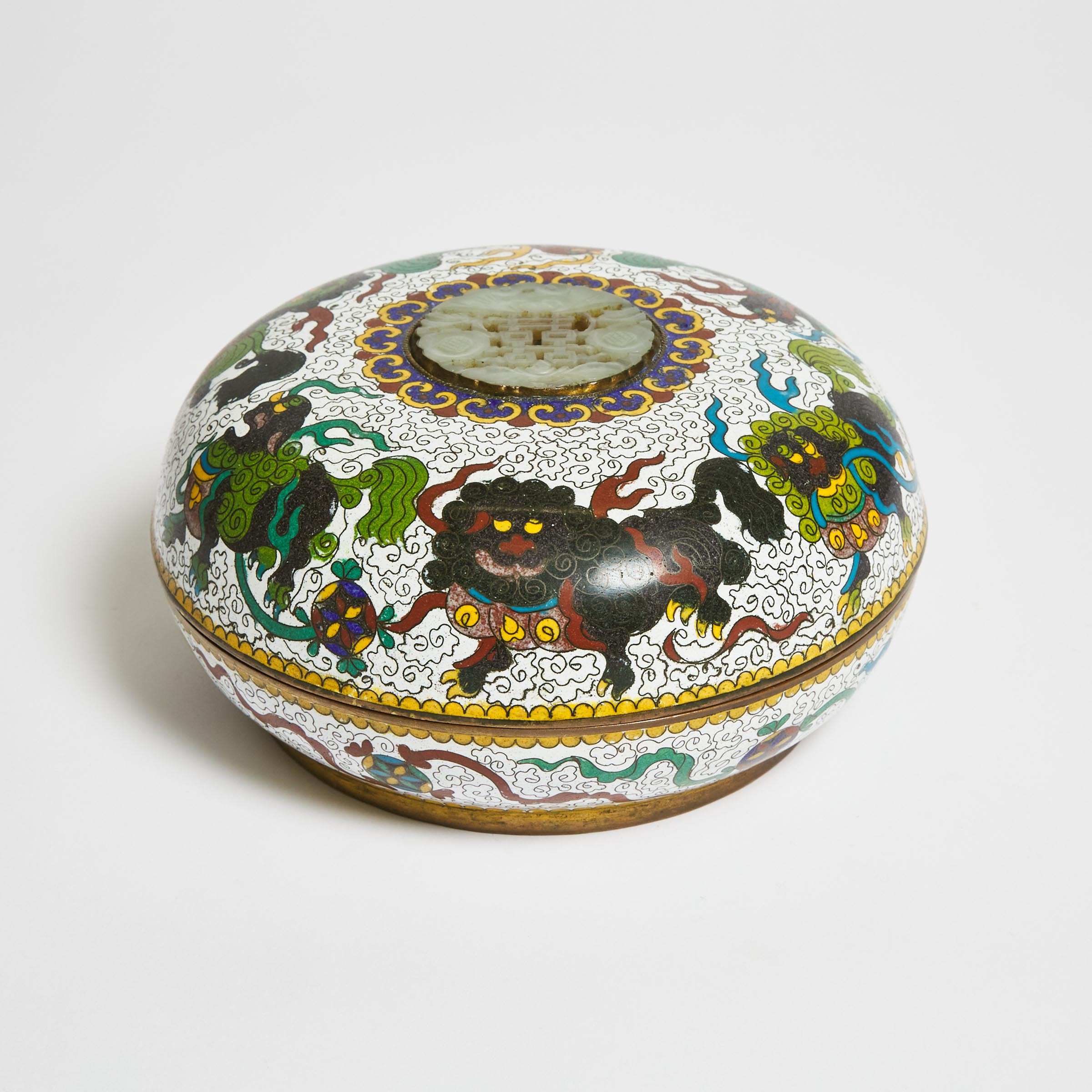 A Jade Inset Cloisonné Box and Cover, Mid 20th Century