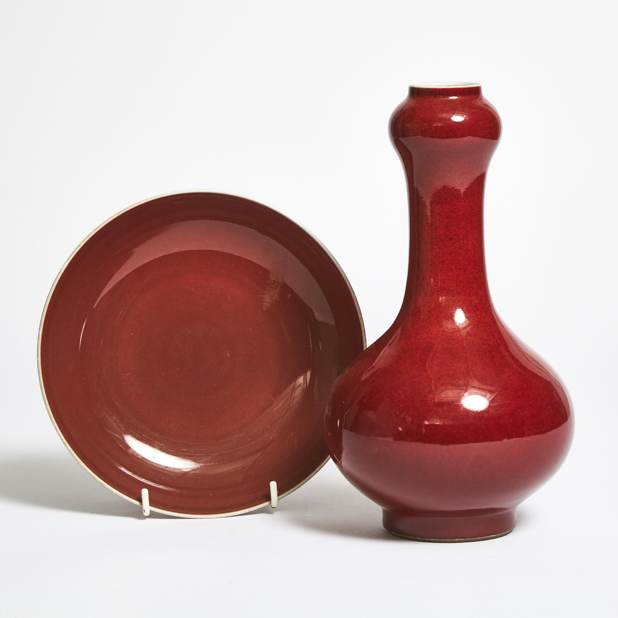 A Copper-Red Glazed 'Garlic-Mouth' Vase, Together With a Copper-Red Glazed Dish, 20th Century