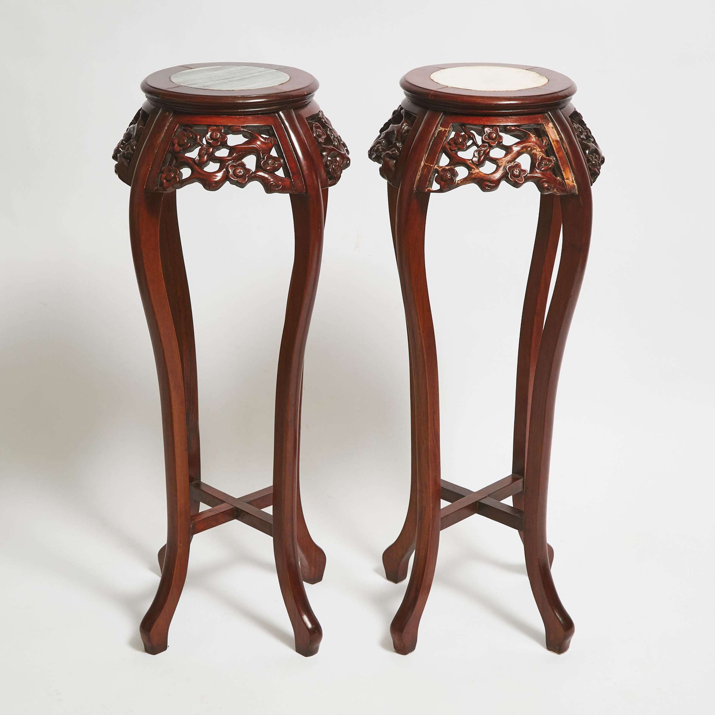 A Pair of Chinese Marble-Inset Wood Stands, Mid 20th Century