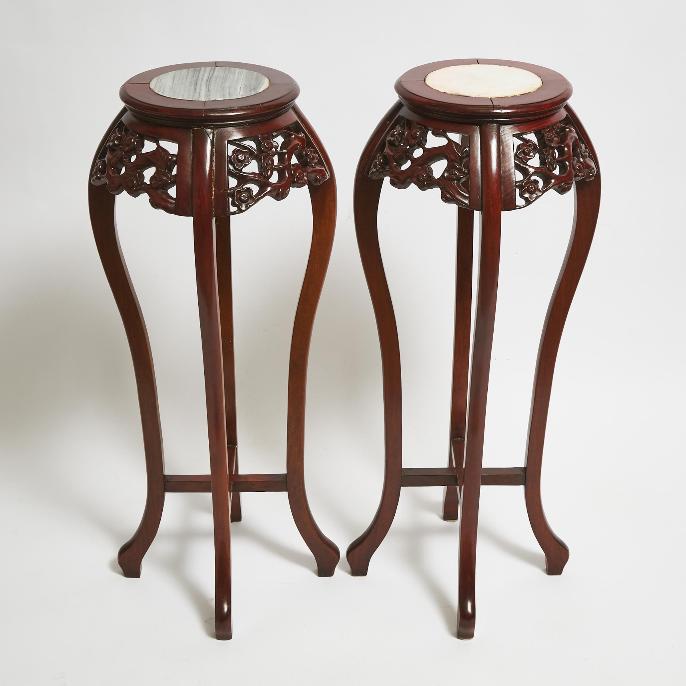 A Pair of Chinese Marble-Inset Wood Stands, Mid 20th Century