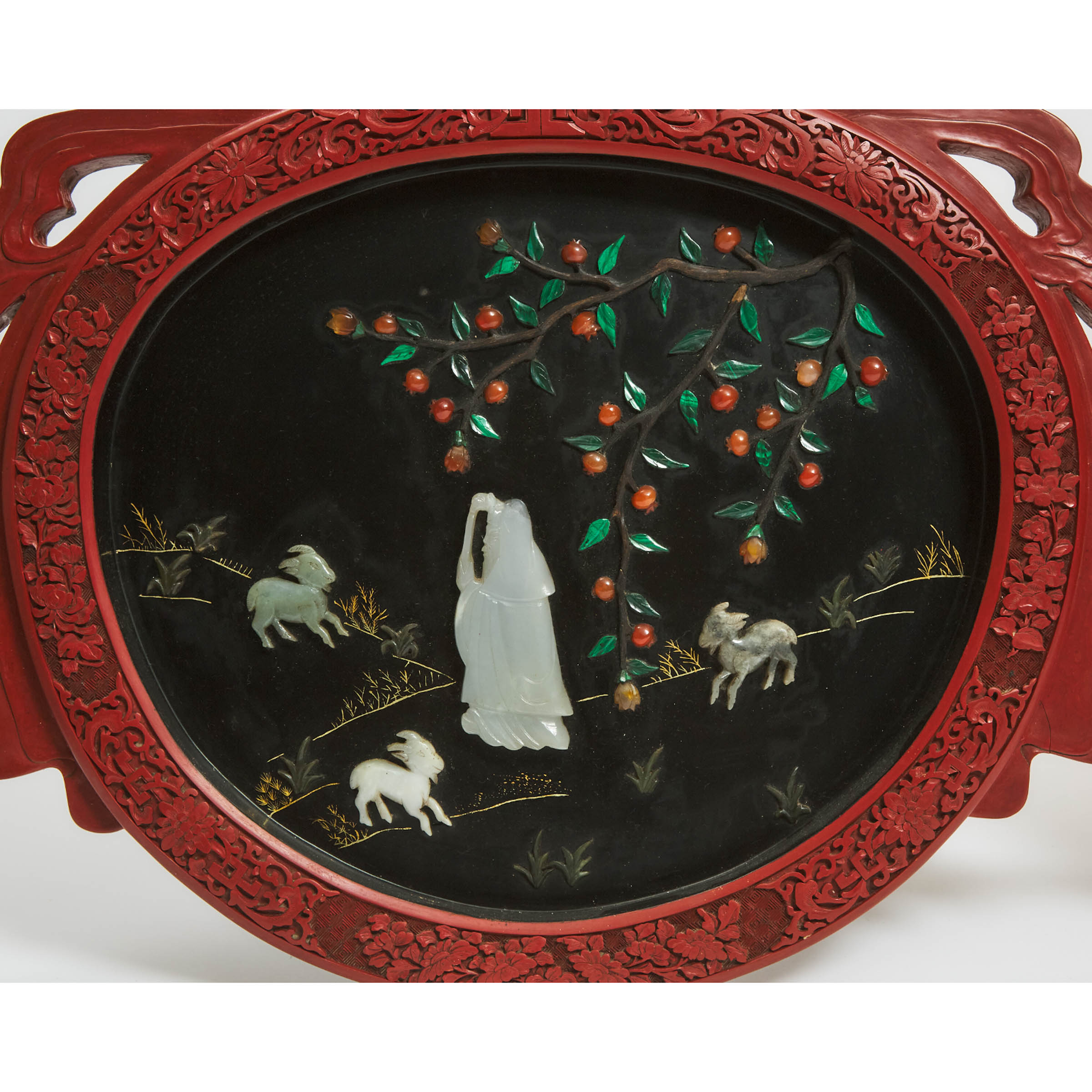 A Pair of Red Lacquer Panels Inlaid With Jade and Precious Stones, 19th Century