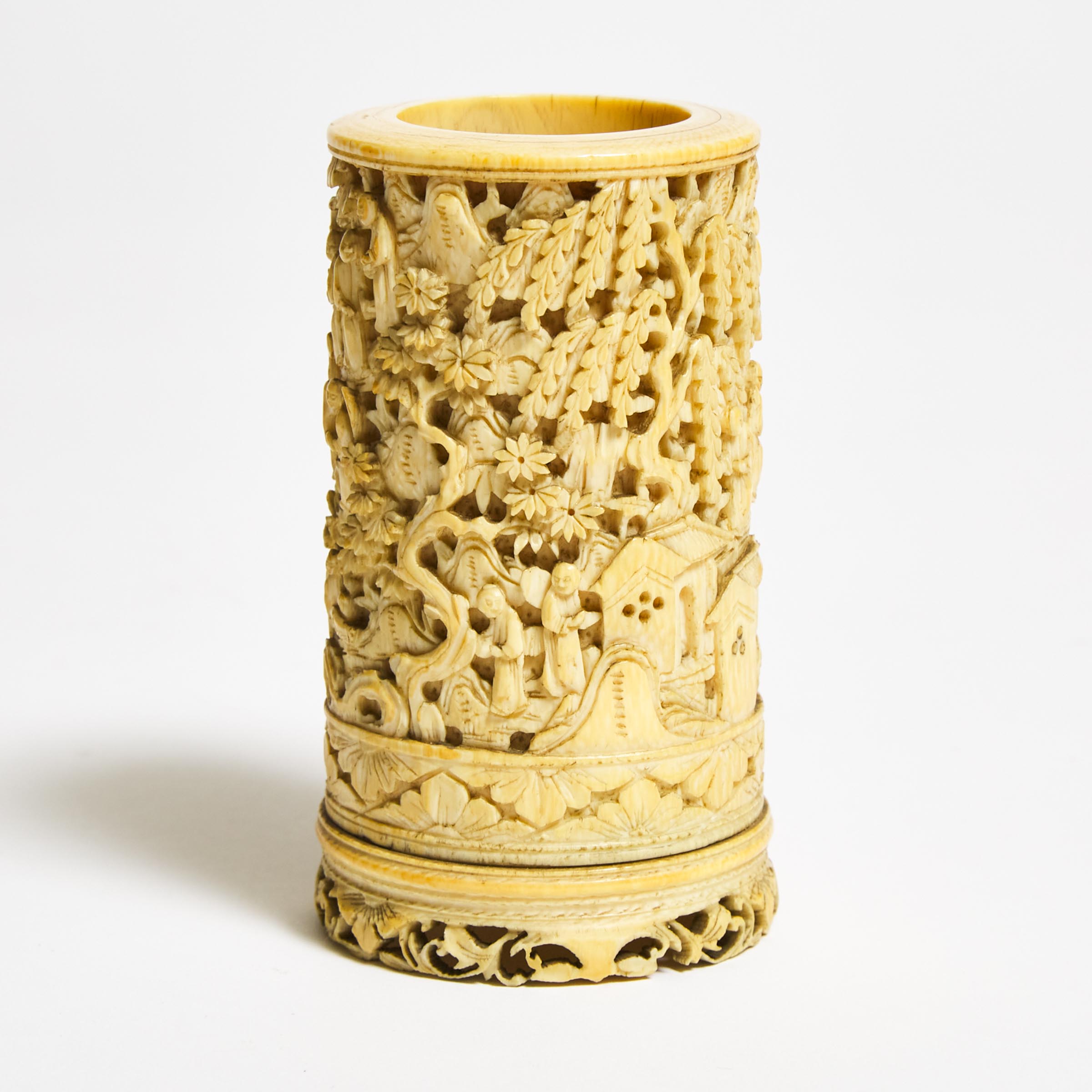 A Canton Carved Ivory 'Figural Landscape' Brush Pot, 19th Century