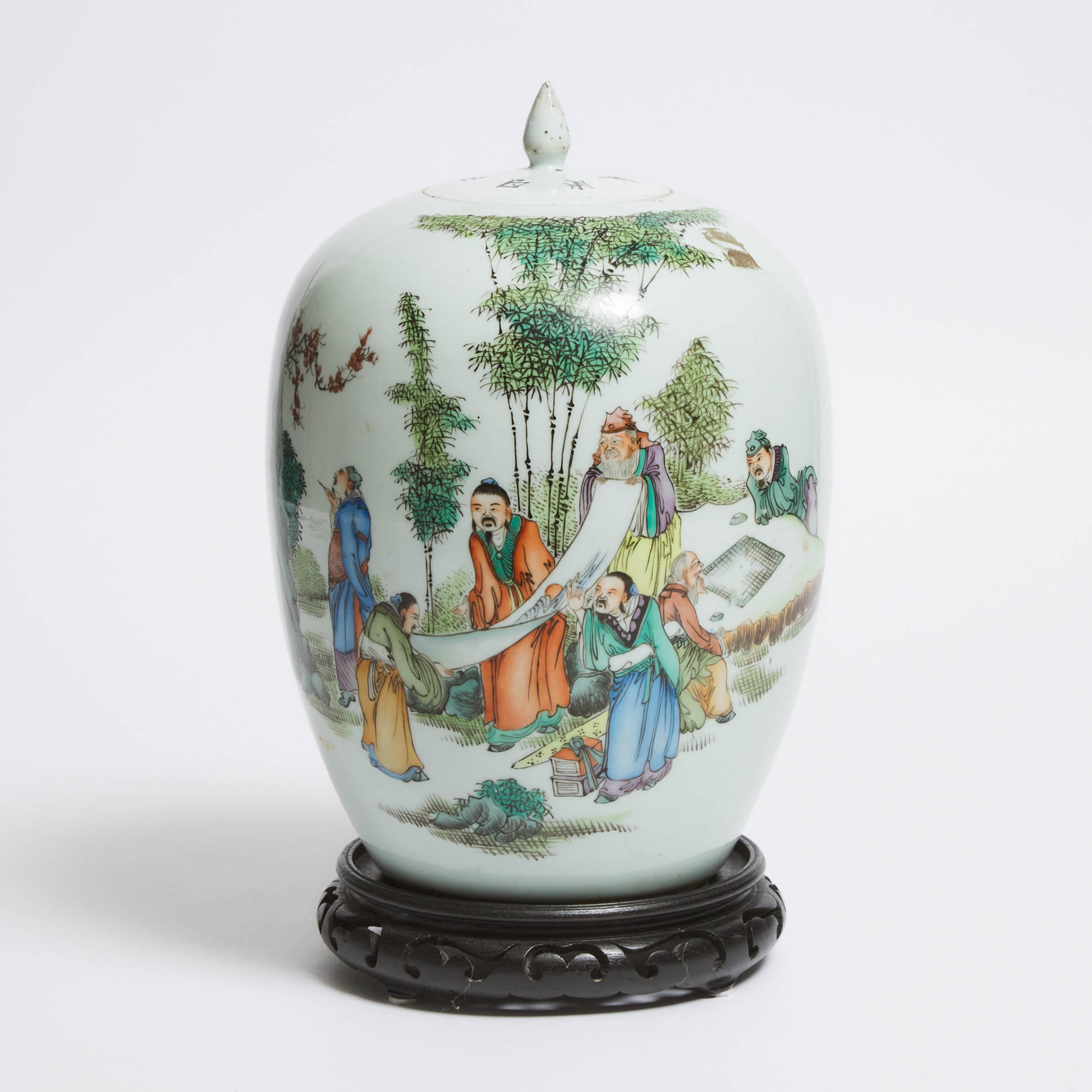 A Famille Rose 'Figures and Calligraphy' Jar and Cover, Republican Period (1912-1949)