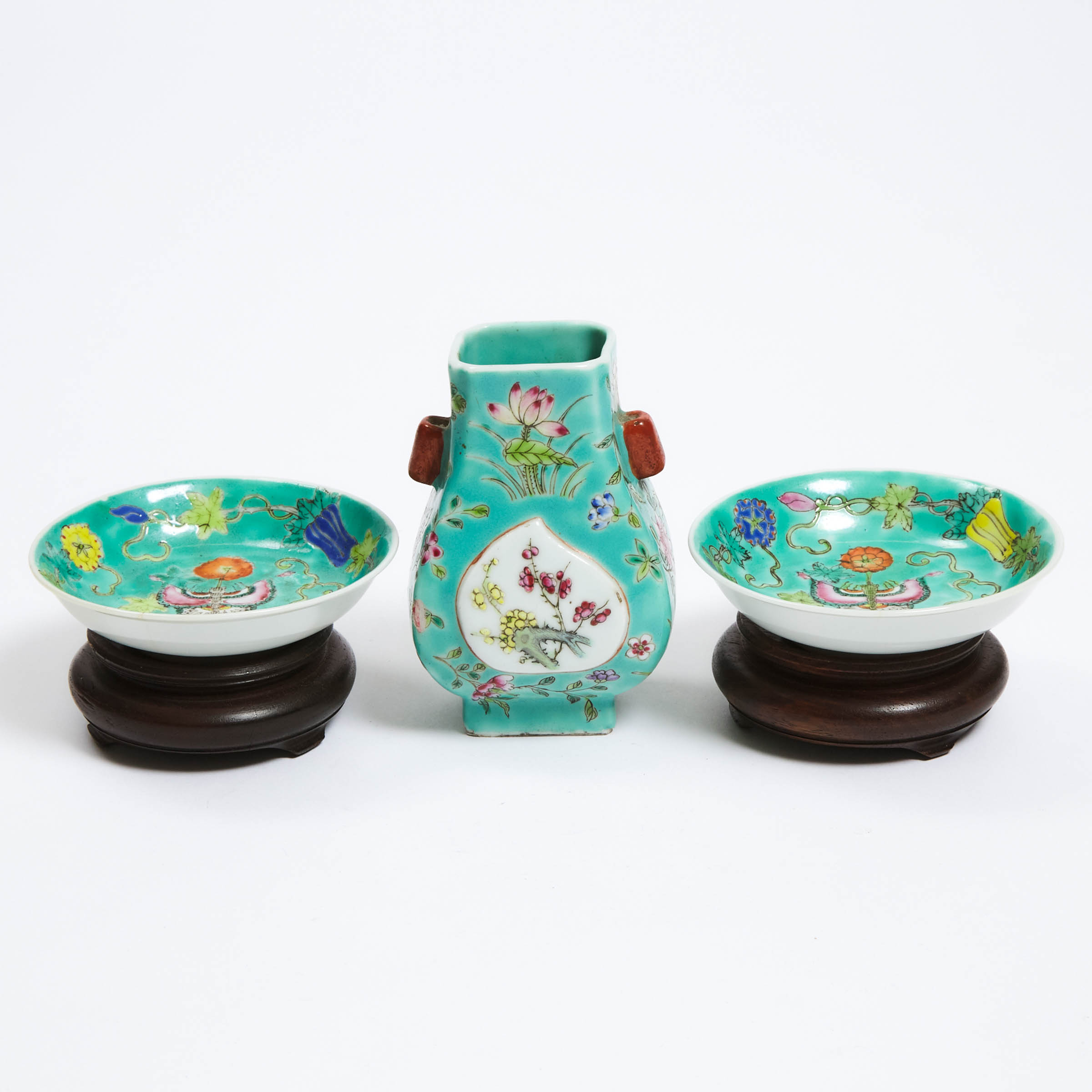 Two Small Turquoise Ground Dishes, Together With a Hu-Form Vase, Late Qing Dynasty