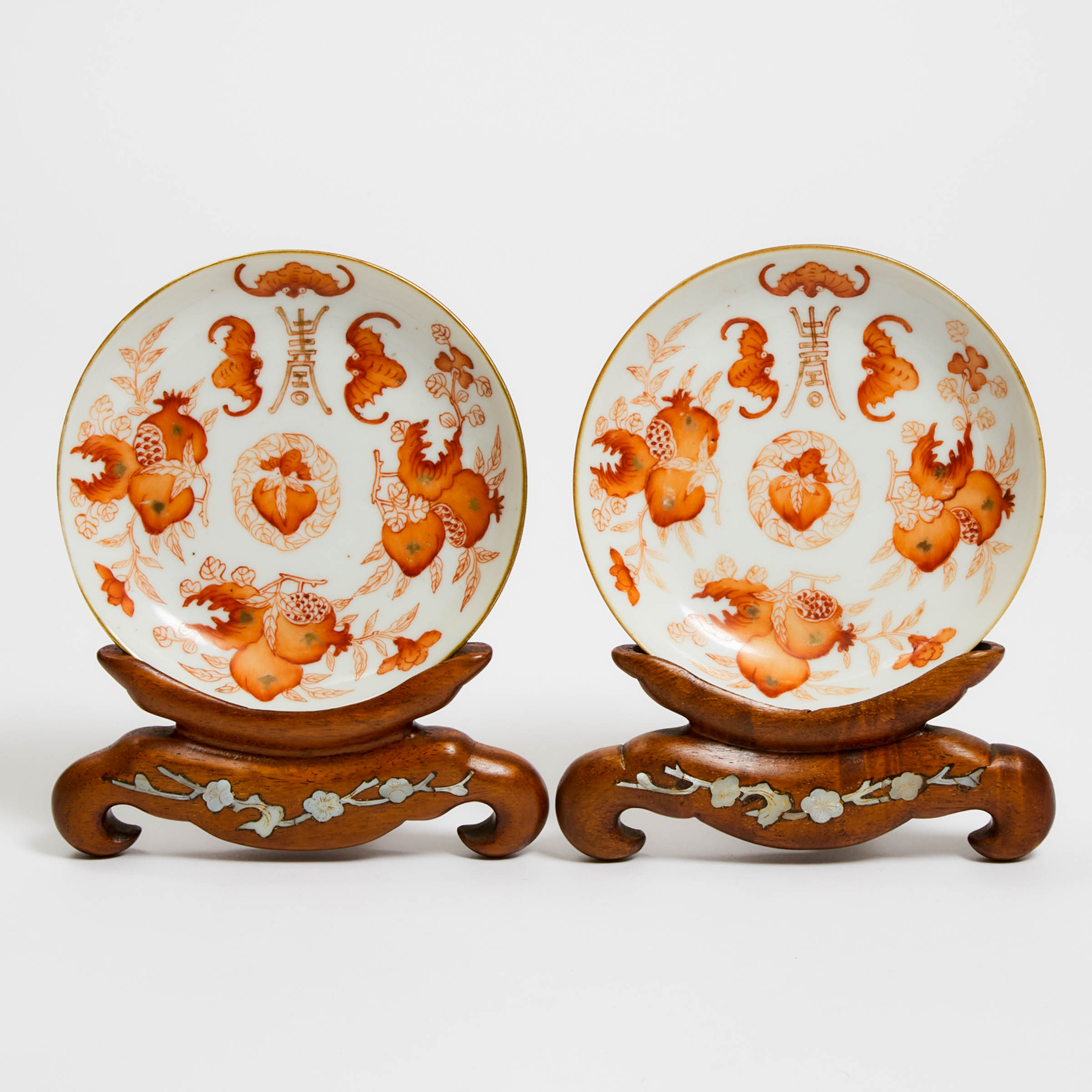 A Pair of Iron-Red Decorated 'Bats and Pomegranates' Dishes, Qianlong Mark, 18th Century