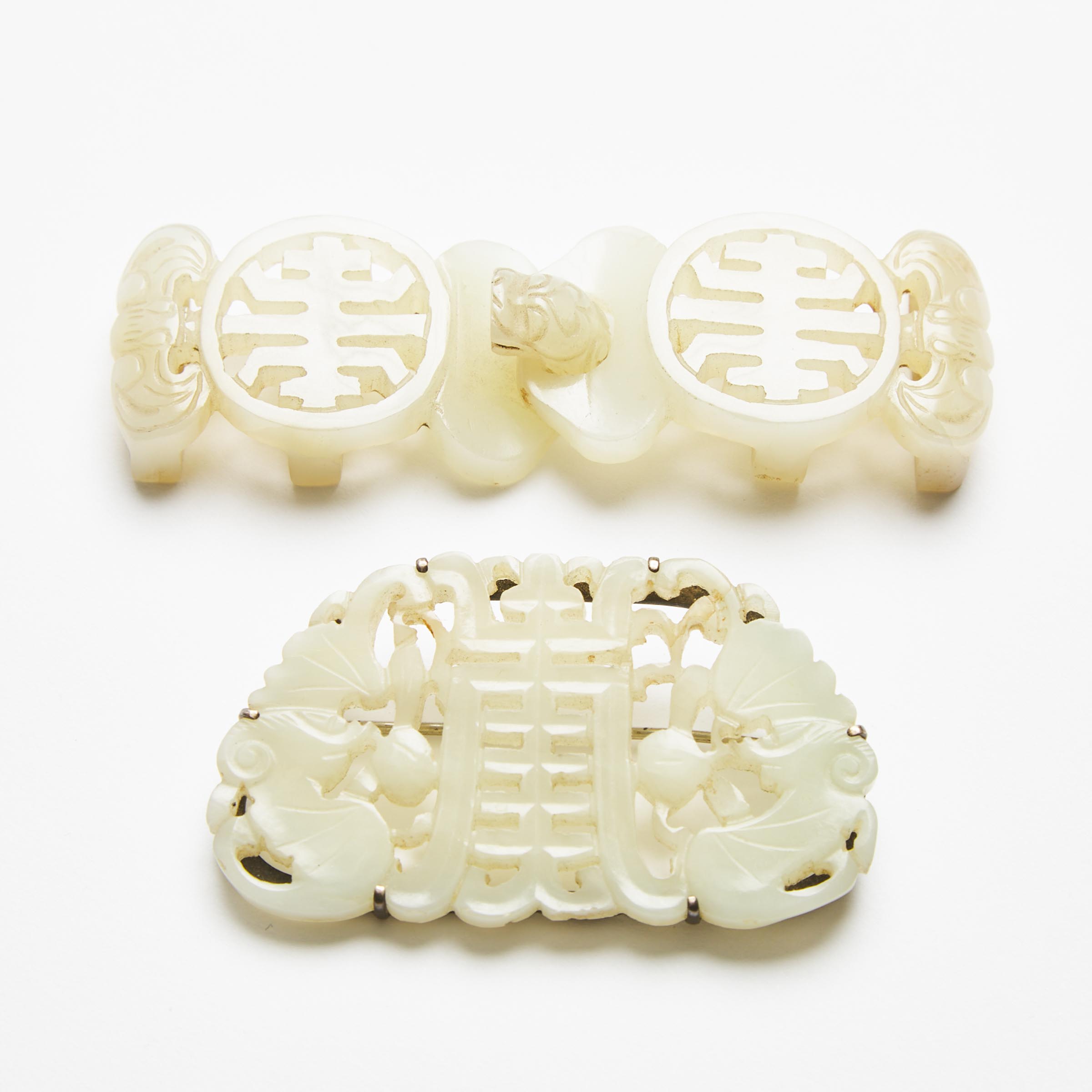 A White Jade 'Longevity' Two-Part Belt Buckle, Together With a White Jade 'Butterfly' Brooch, 19th Century
