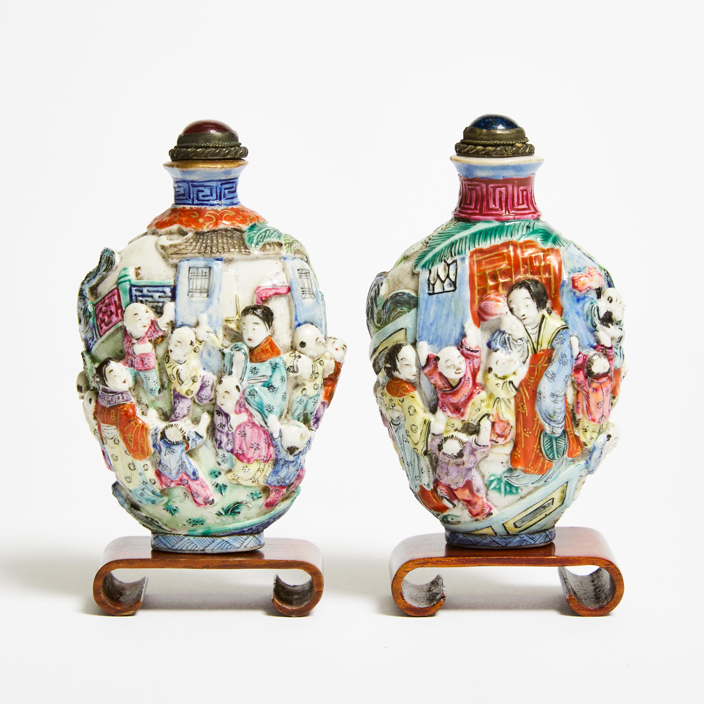 Two Moulded Famille Rose 'Figural' Snuff Bottles, Qianlong Mark, Guangxu Period (1875-1908)