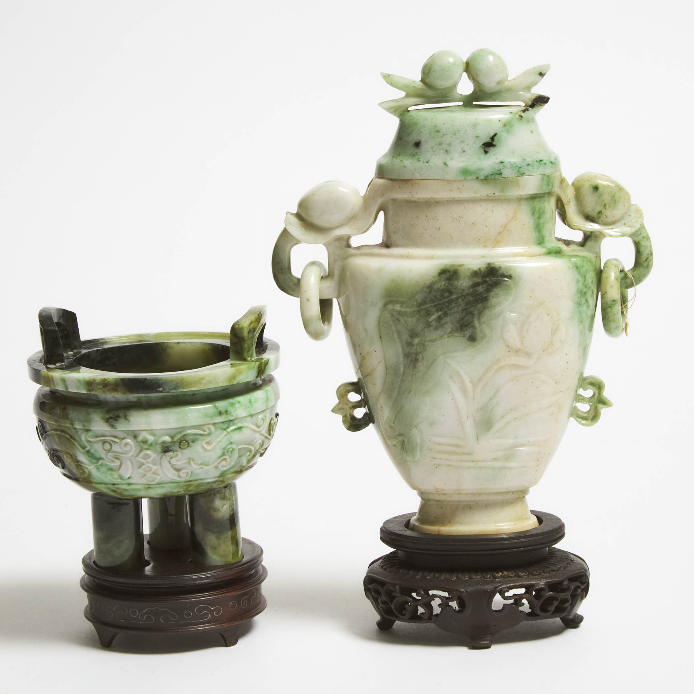 A Jadeite Covered Vase and Incense Burner, Republican Period or Later
