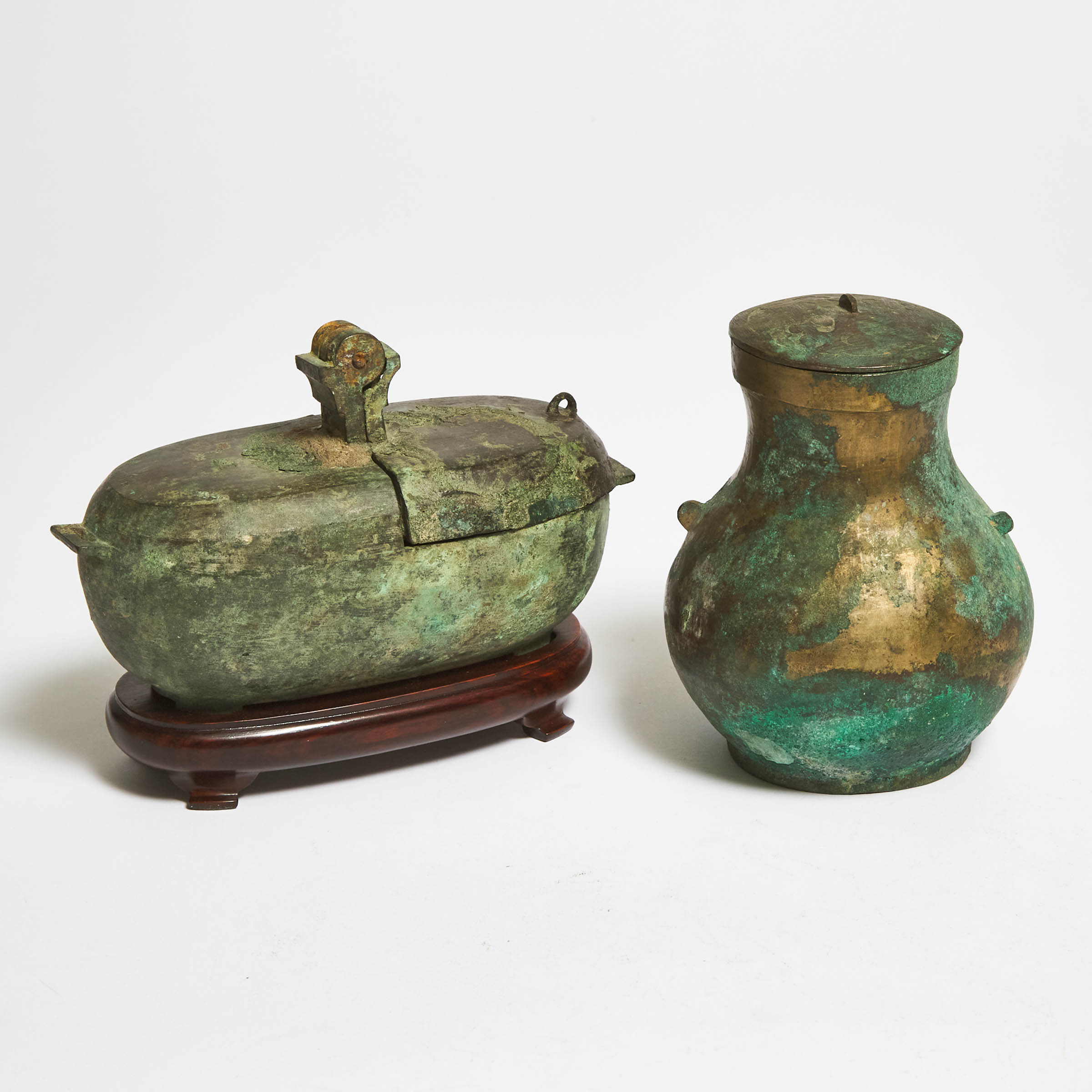 A Bronze Oil Lamp, Together With a Lidded Vase, Han Dynasty (206 BC-AD 220)