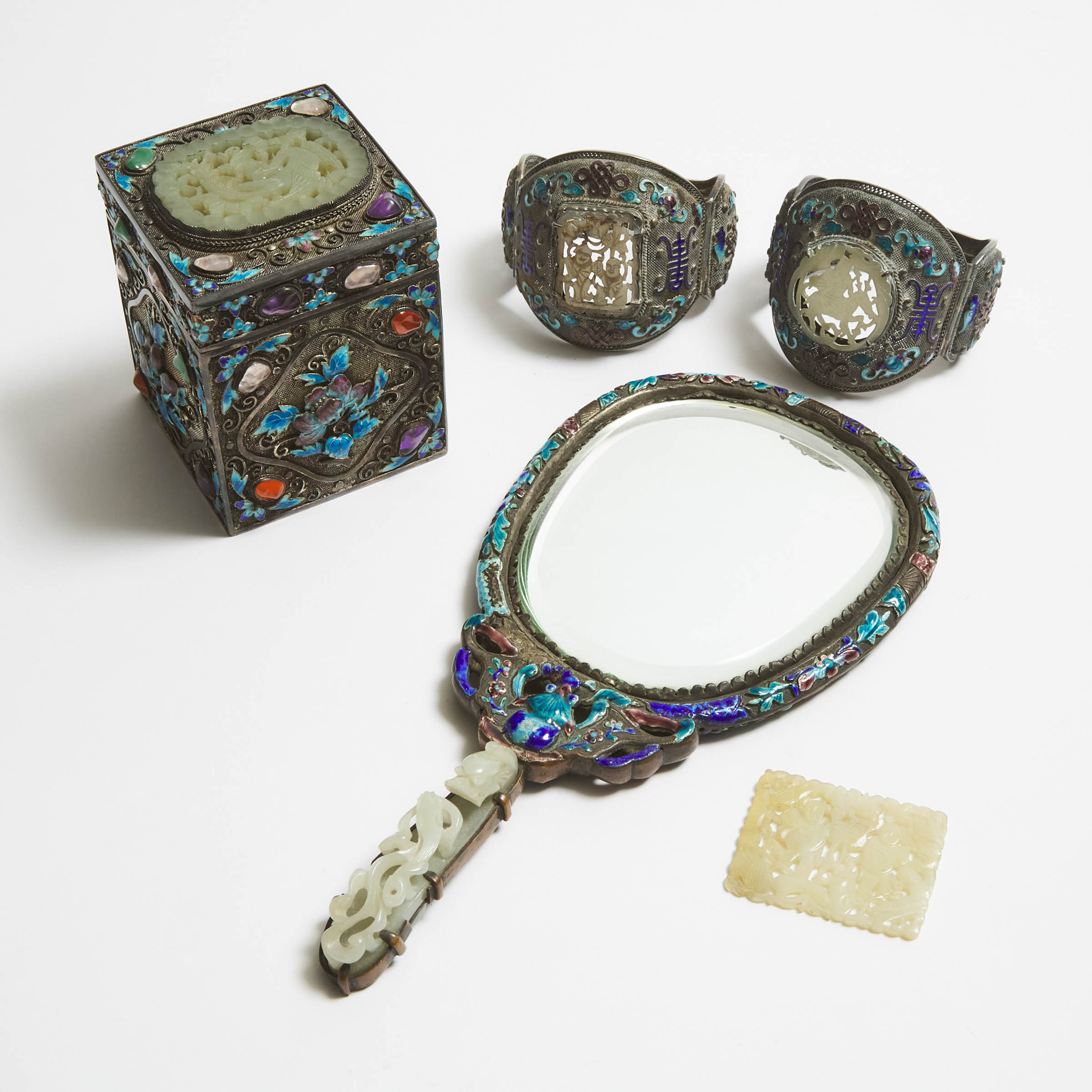 A Group of Five Jade and Silver Filigree Objects, Late Qing Dynasty