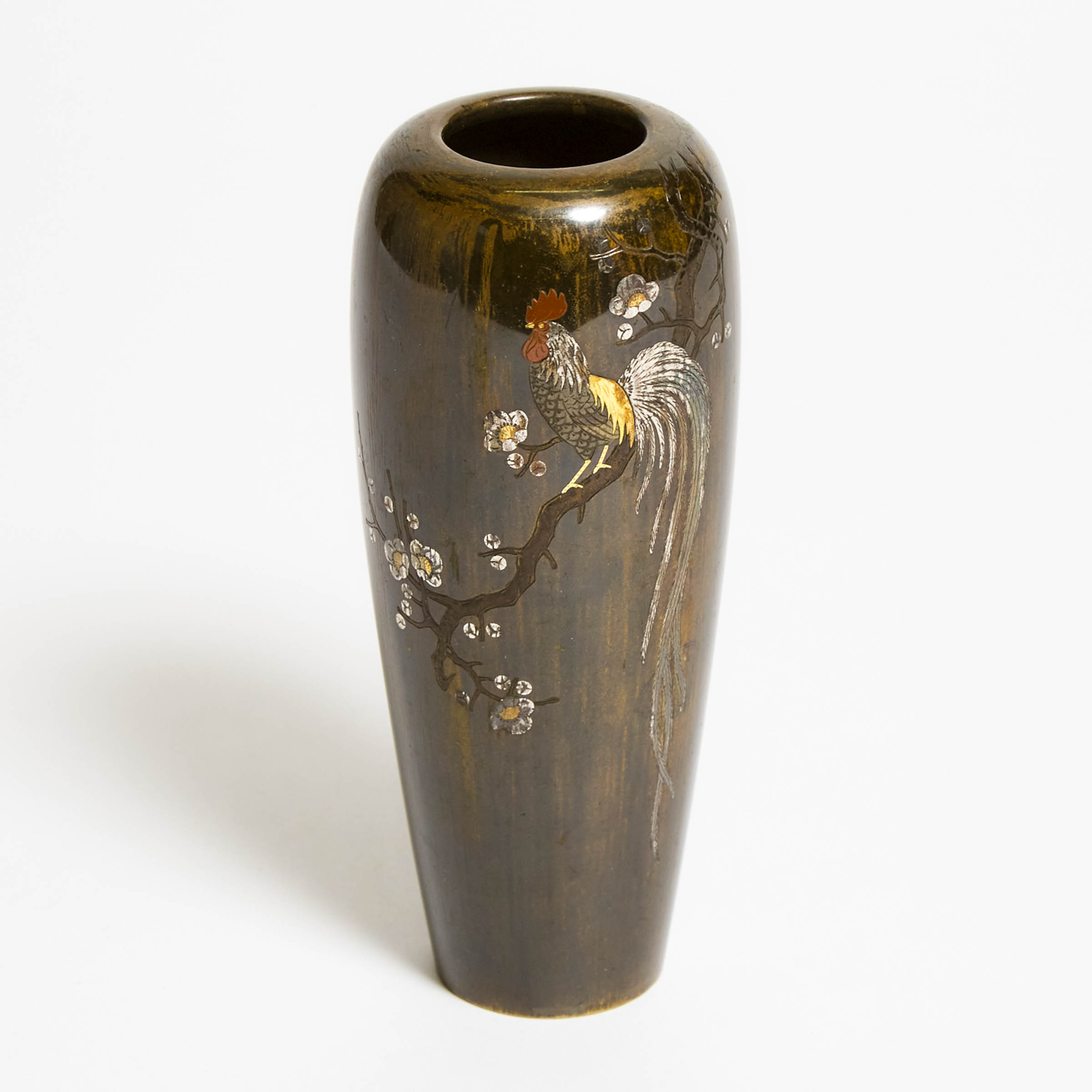 A Japanese Mixed-Metal Inlaid 'Rooster' Vase, Nogawa Mark, Meiji Period (1868-1912)