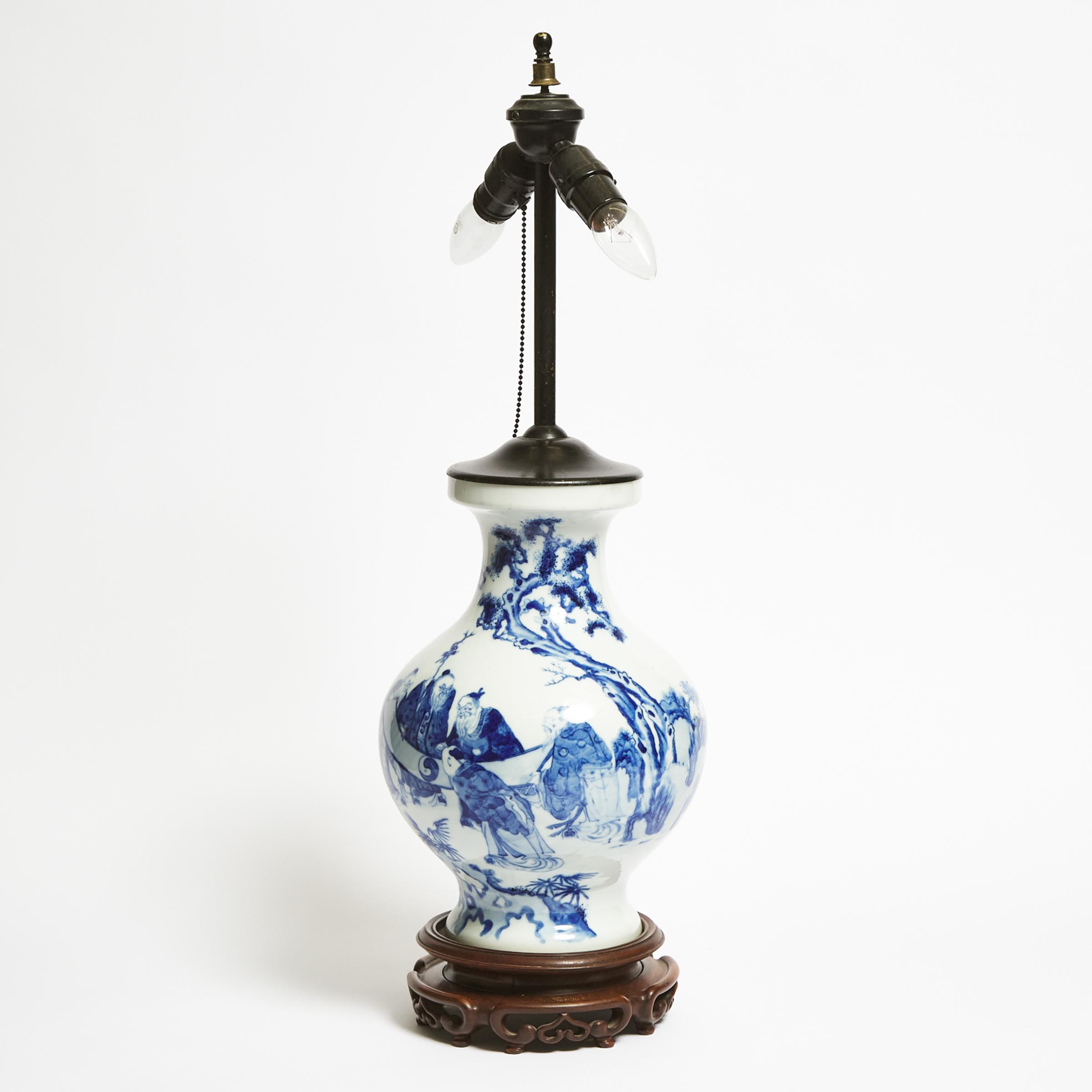 A Blue and White 'Daoist Figures' Vase Lamp, 19th Century