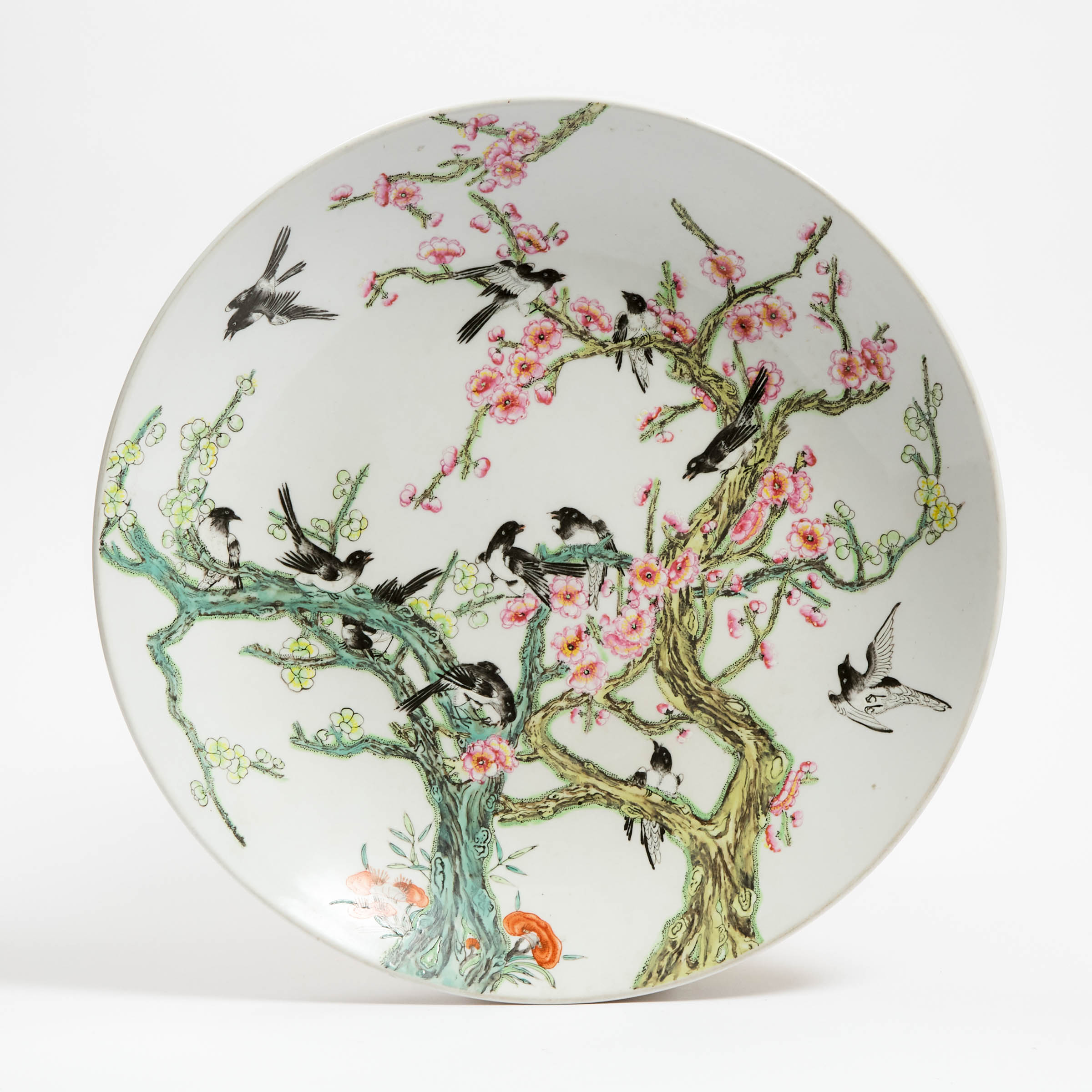 A Large Famille Rose 'Magpie and Plum Blossoms' Charger, Qianlong Mark, Mid 20th Century