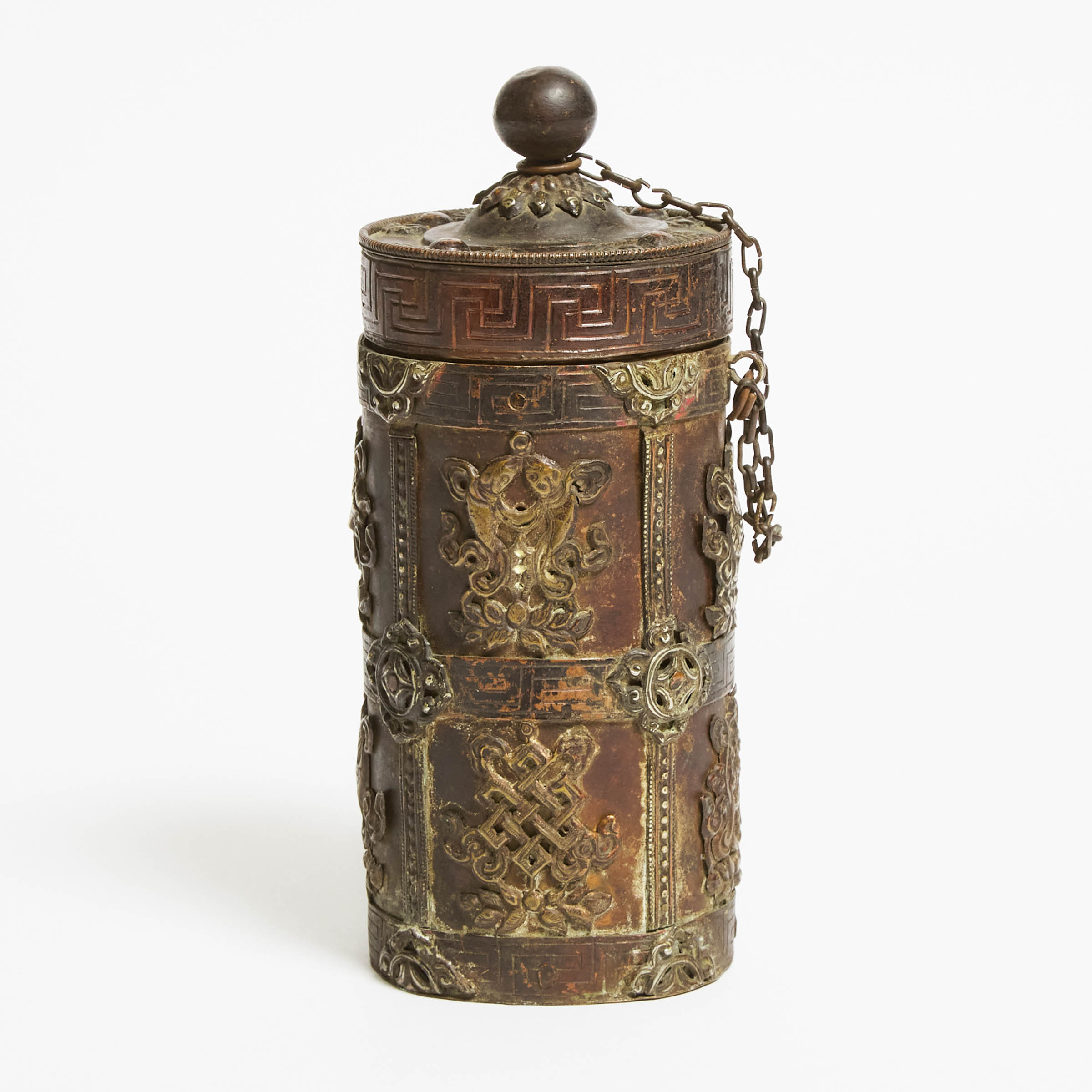 A Tibetan Cylindrical Vessel With Eight Silver 'Buddhist Emblems' Appliqués, 19th Century