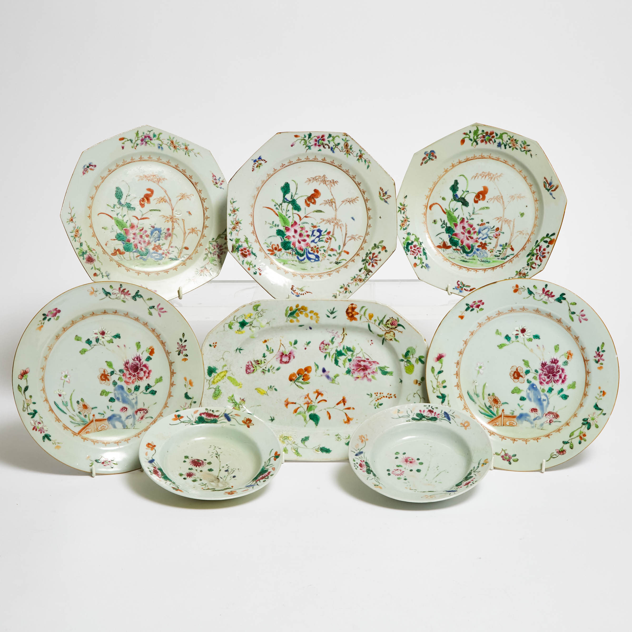 A Group of Eight Chinese Export Famille Rose Dishes, 18th Century